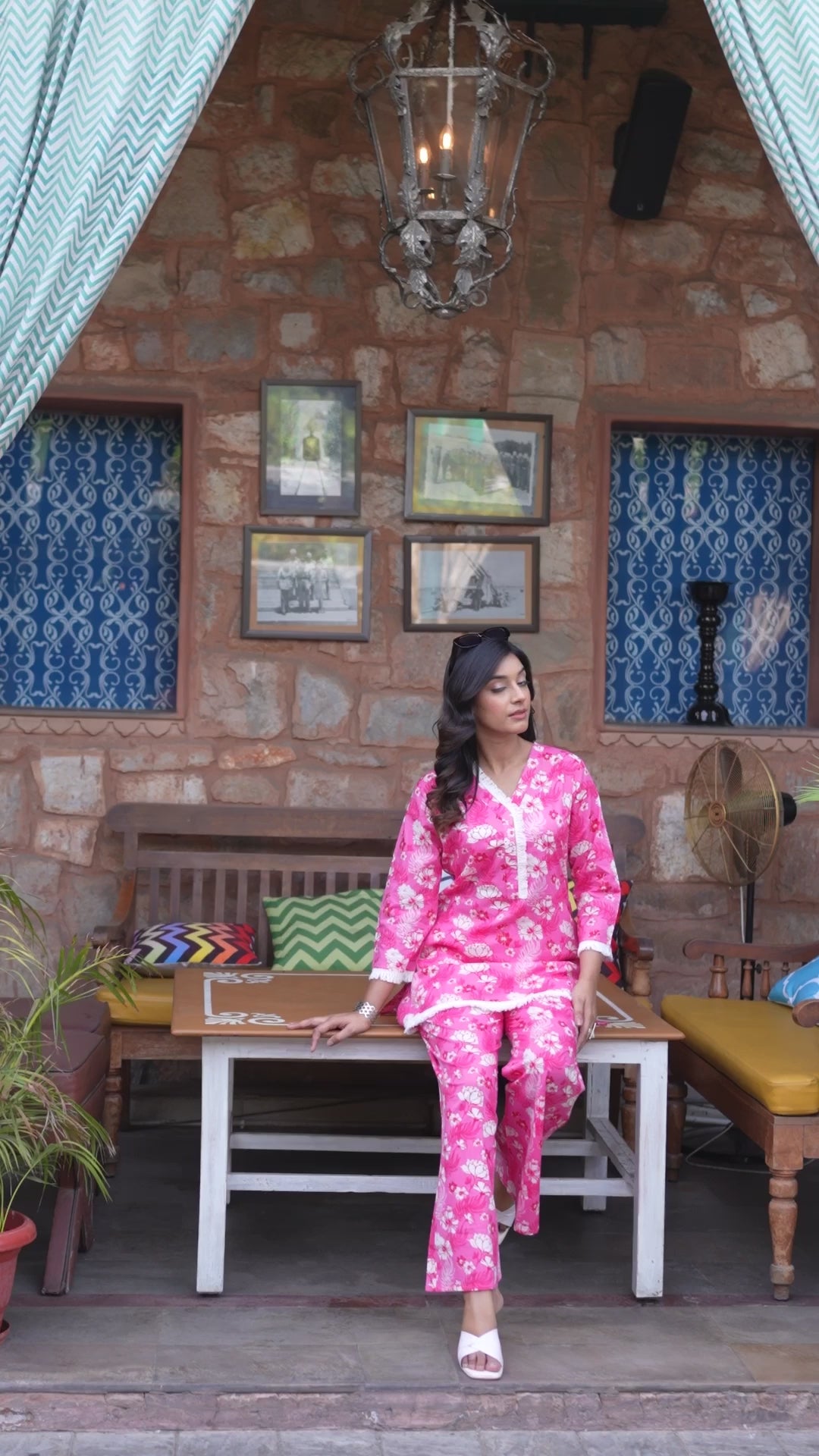 Hot Pink & Off-White Floral Cotton Co-Ords