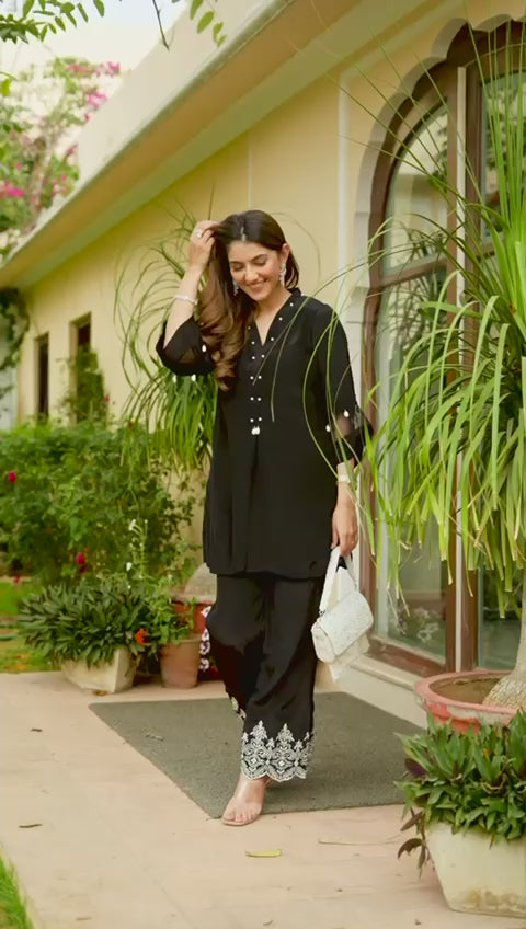 Black Embroidered Co-Ords with Silver Moti Work