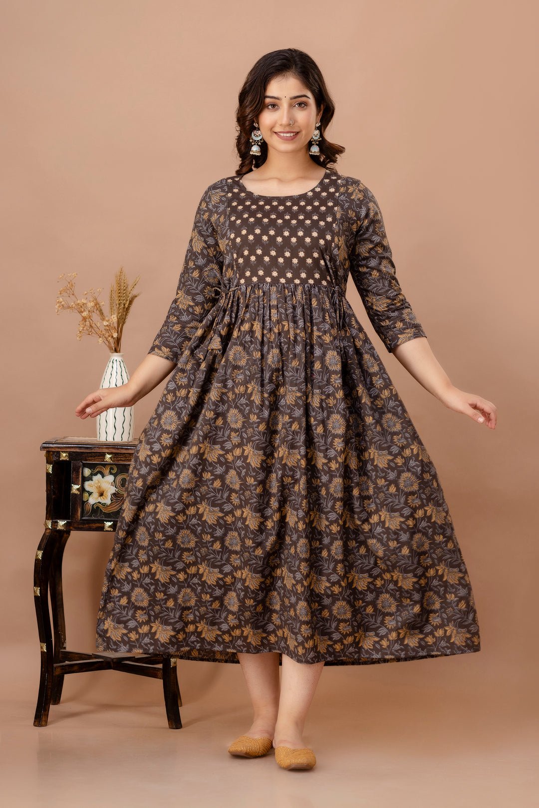 Dark Brown Gold Floral Cotton Maternity Dress Piroki Jaipur Dark Brown Gold Floral Cotton Maternity Dress Piroki Jaipur