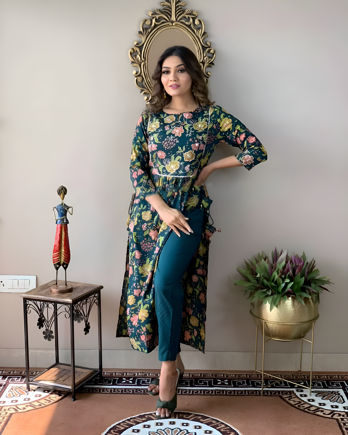 Women's BASE DARK GREEN WITH LESS WORK Floral Printed Rayon Kurta And Pant Set