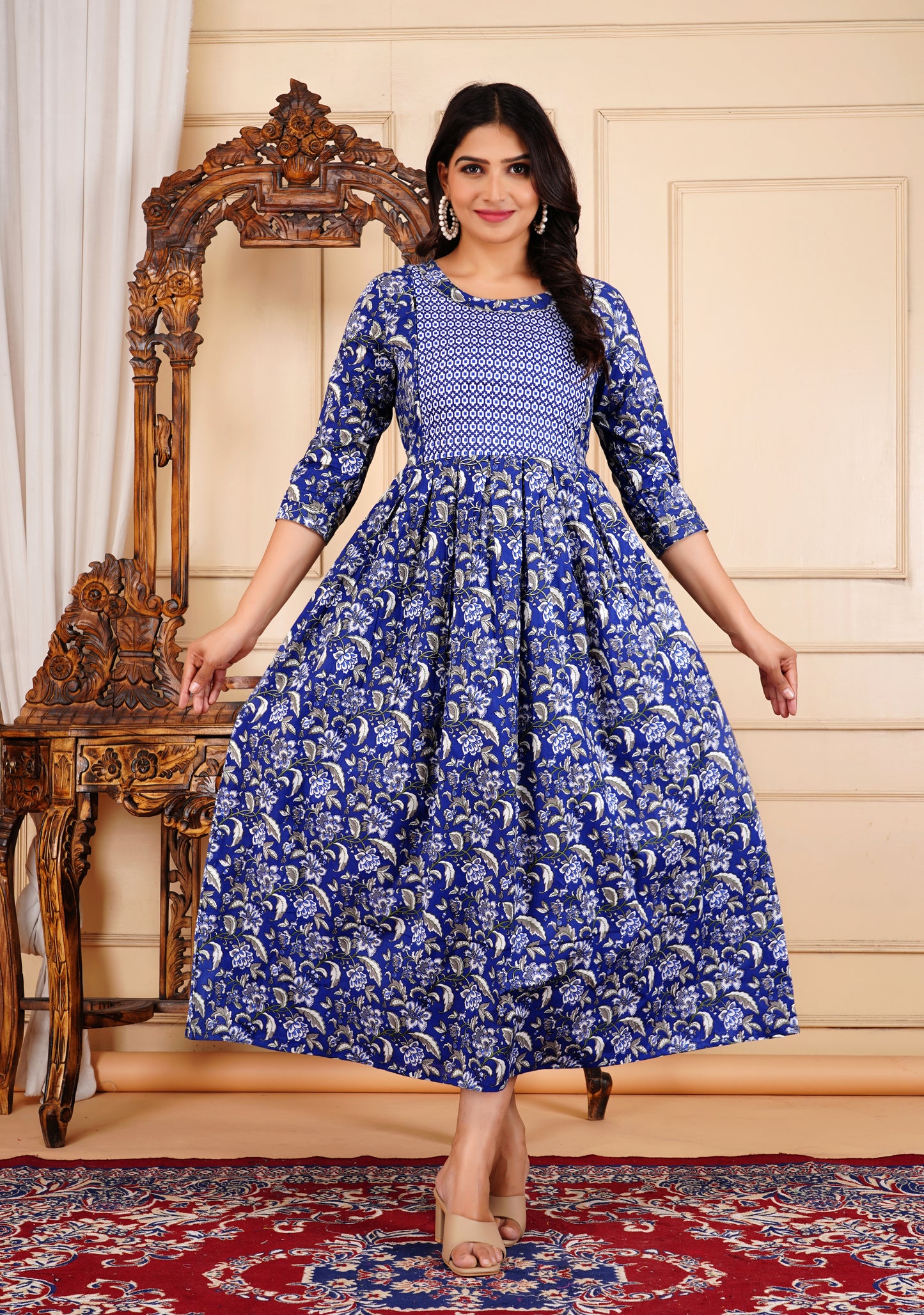 Royal Blue Floral Print Maternity Gown