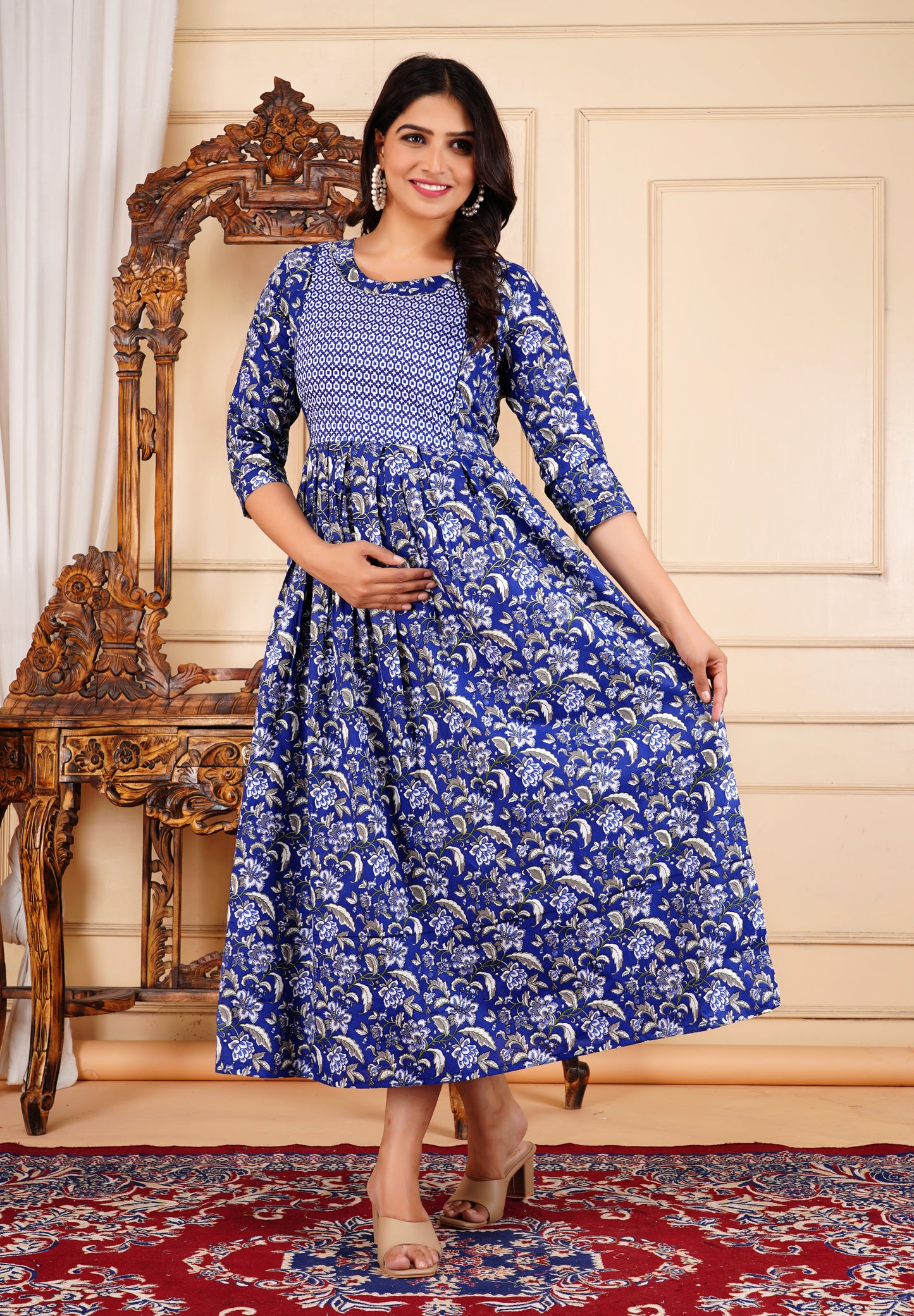 Royal Blue Floral Print Maternity Gown