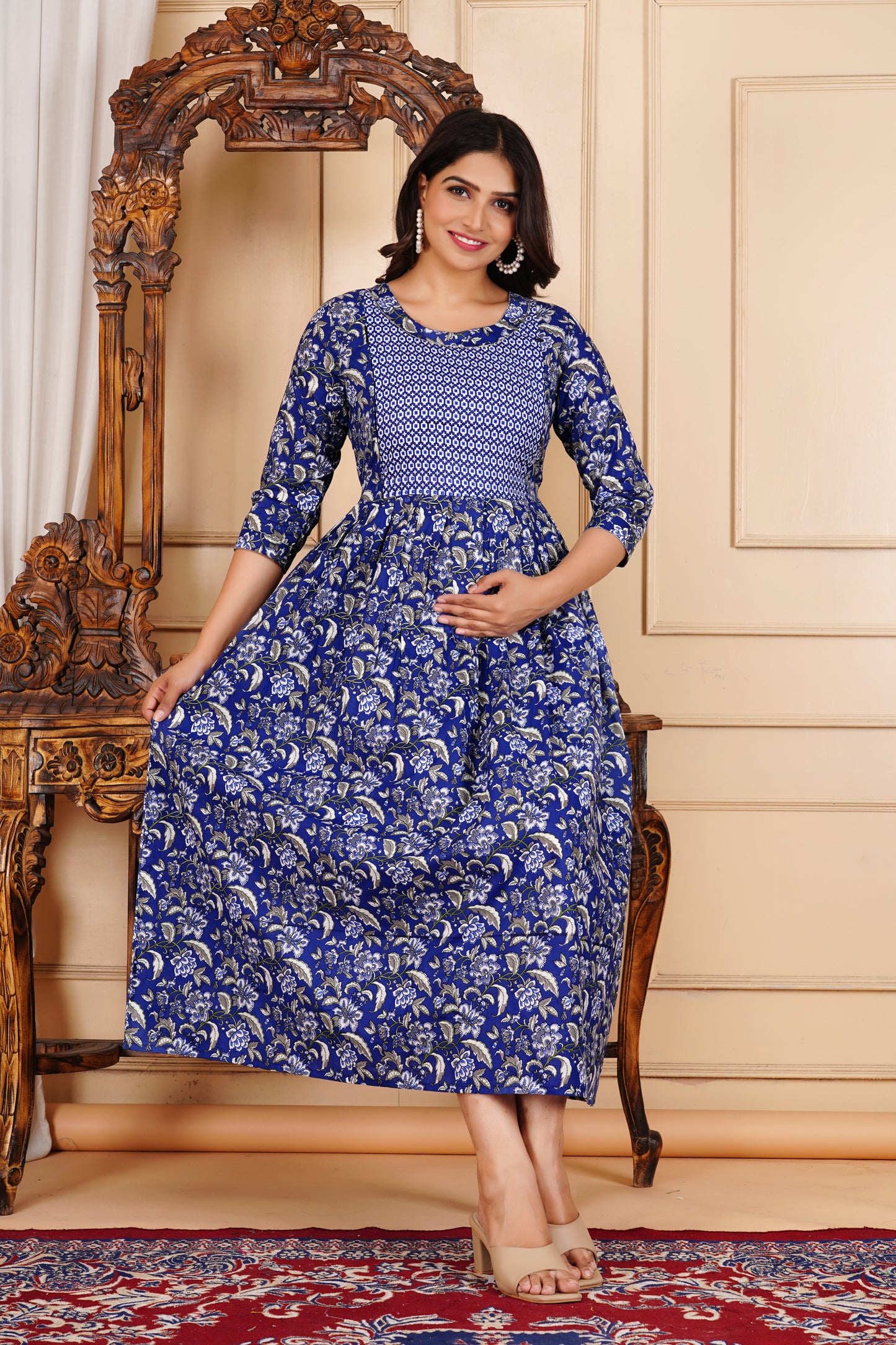 Royal Blue Floral Print Maternity Gown