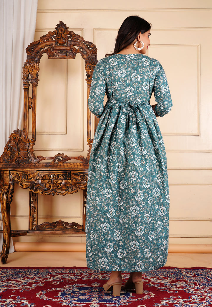 Gold Gray Floral Print Pregnancy Gown