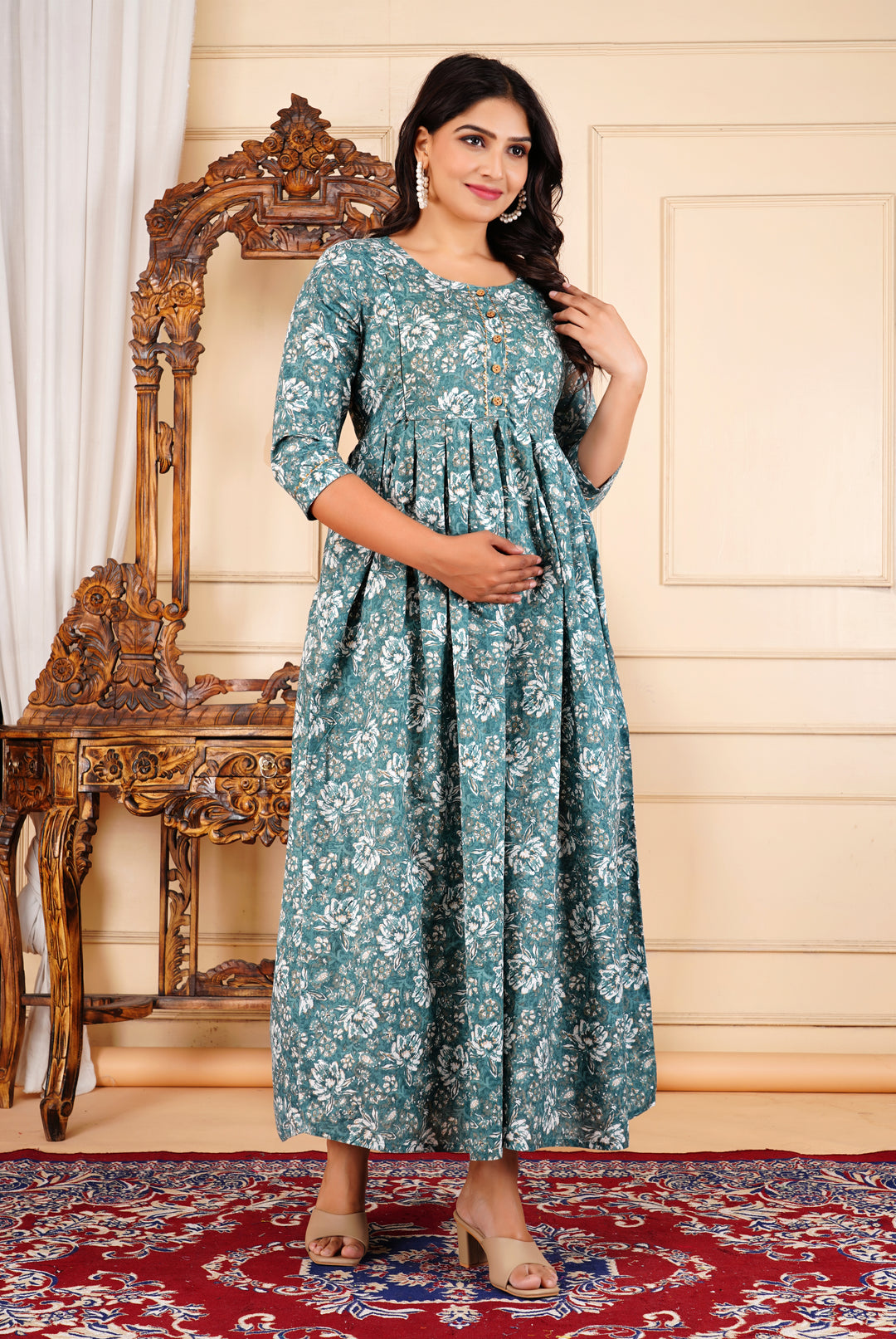Gold Gray Floral Print Pregnancy Gown
