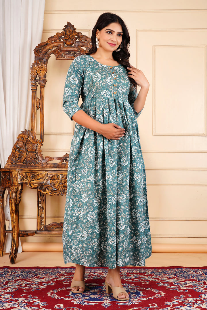 Gold Gray Floral Print Pregnancy Gown