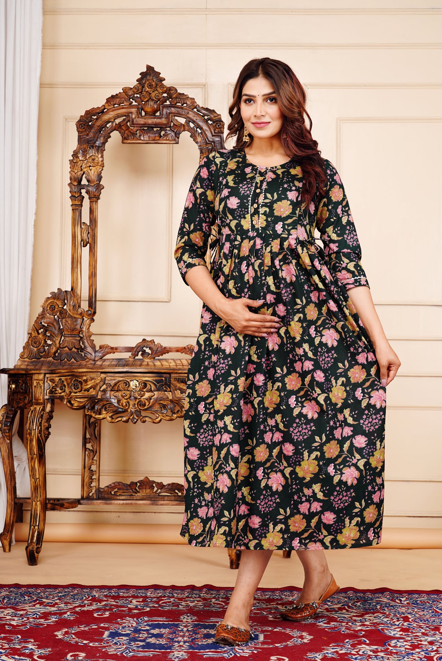 Bottle Green Floral Cotton Maternity Gown