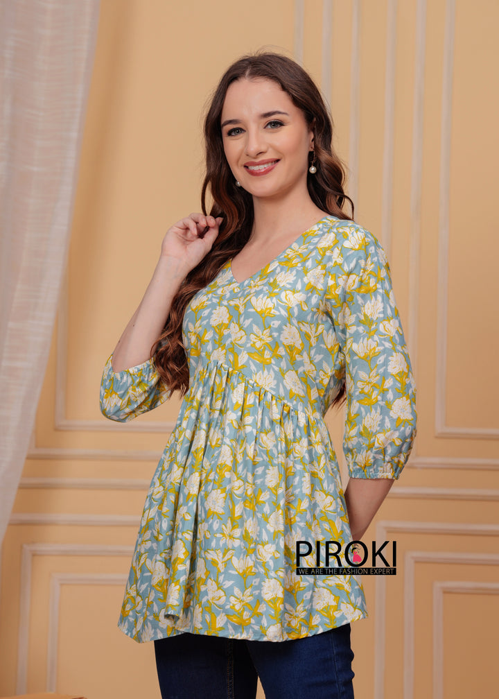 BASE OFF WHITE WITH YELLOW Floral Print Hip Length Office Wear PURE COTTON TOP