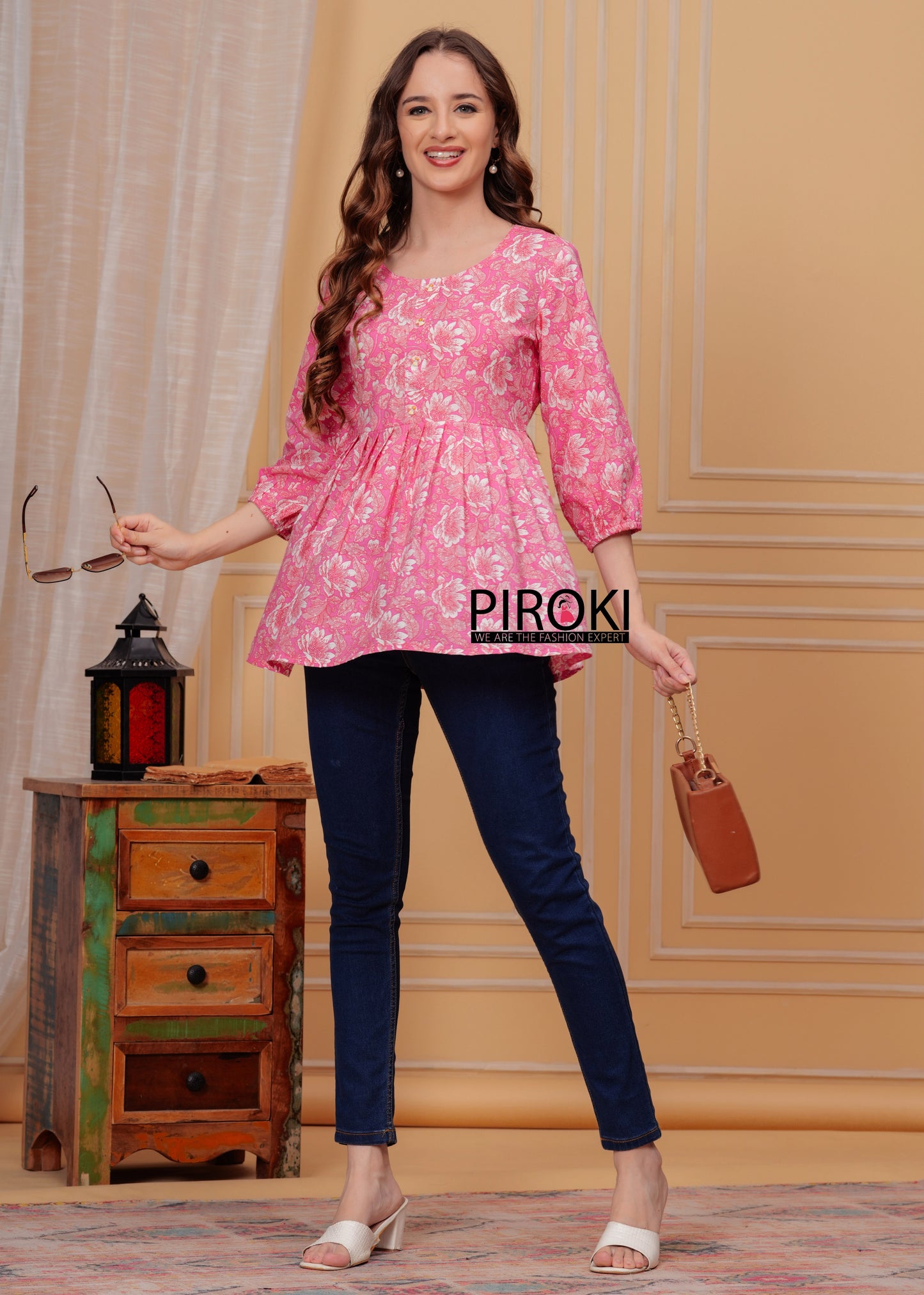 BABY PINK Floral Print Hip Length Office Wear PURE COTTON TOP