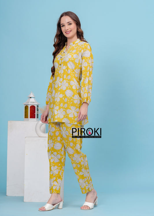 Light Yellow & Off-White Star Floral Cotton Co-Ords