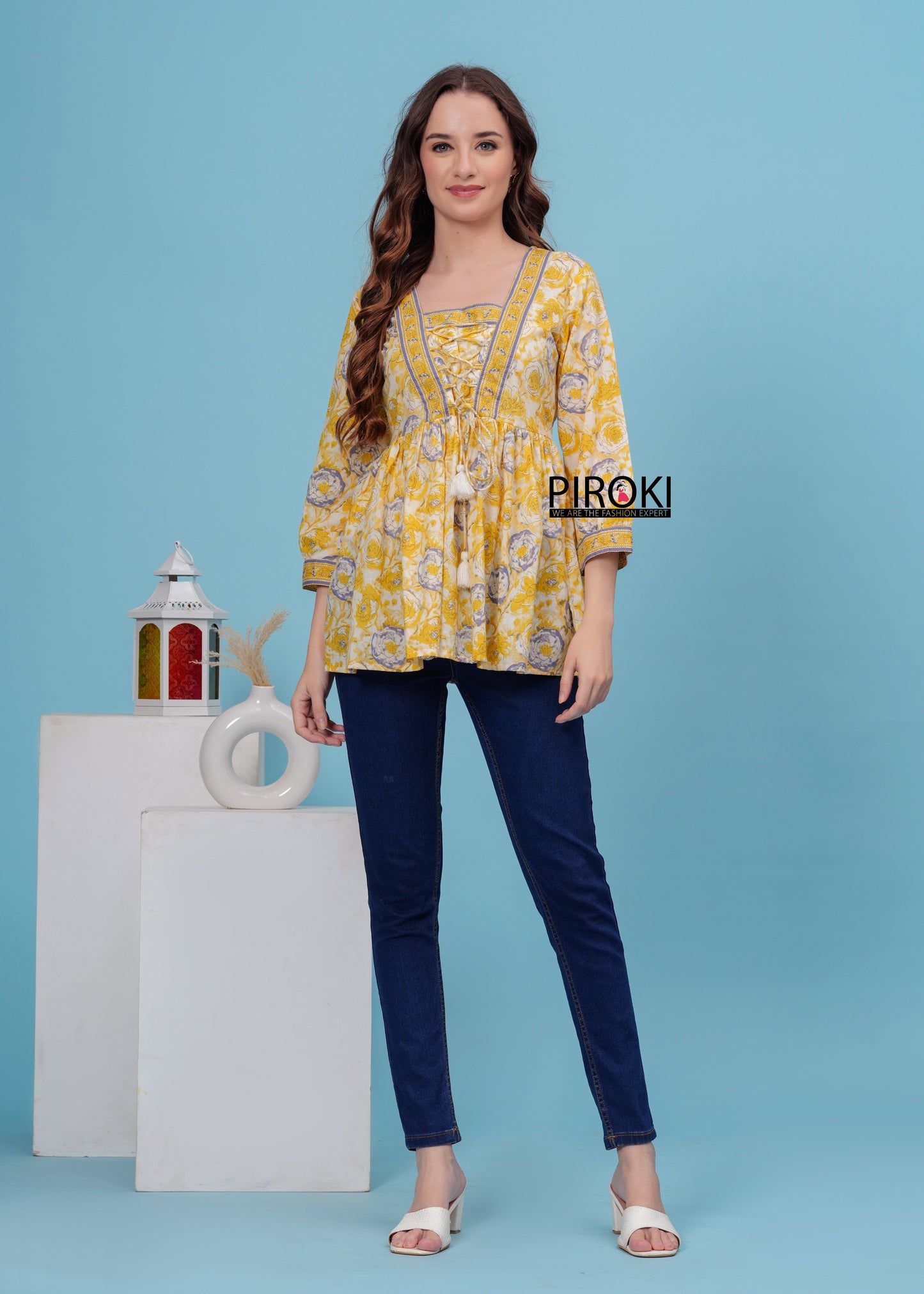 YELLOW Floral Print With Front Less Work Hip Length Office Wear PURE COTTON TOP