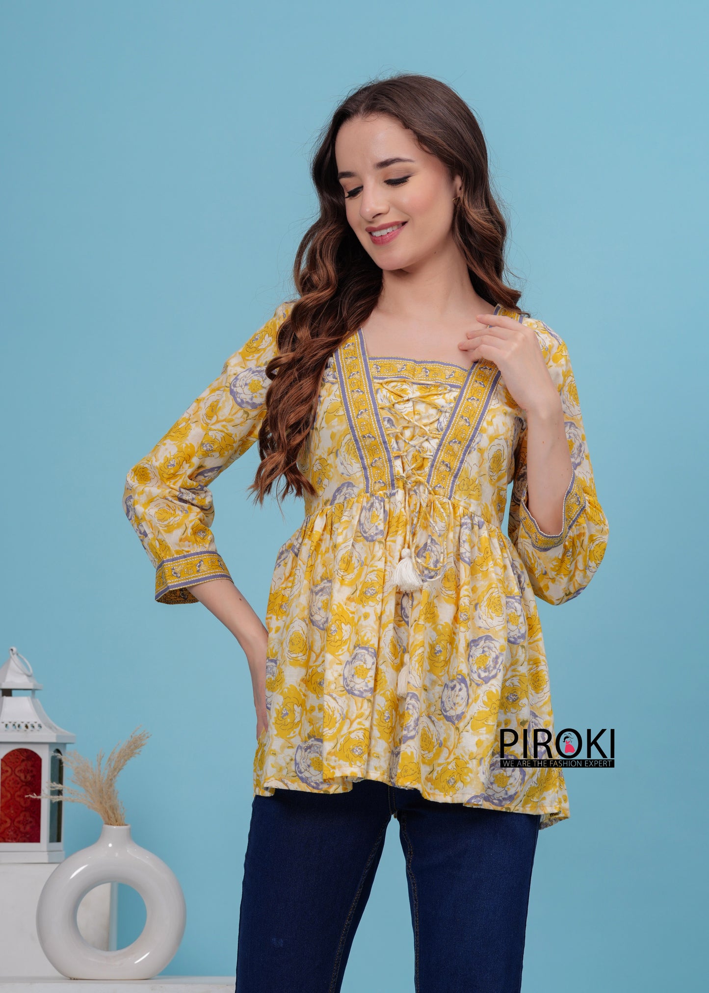 YELLOW Floral Print With Front Less Work Hip Length Office Wear PURE COTTON TOP