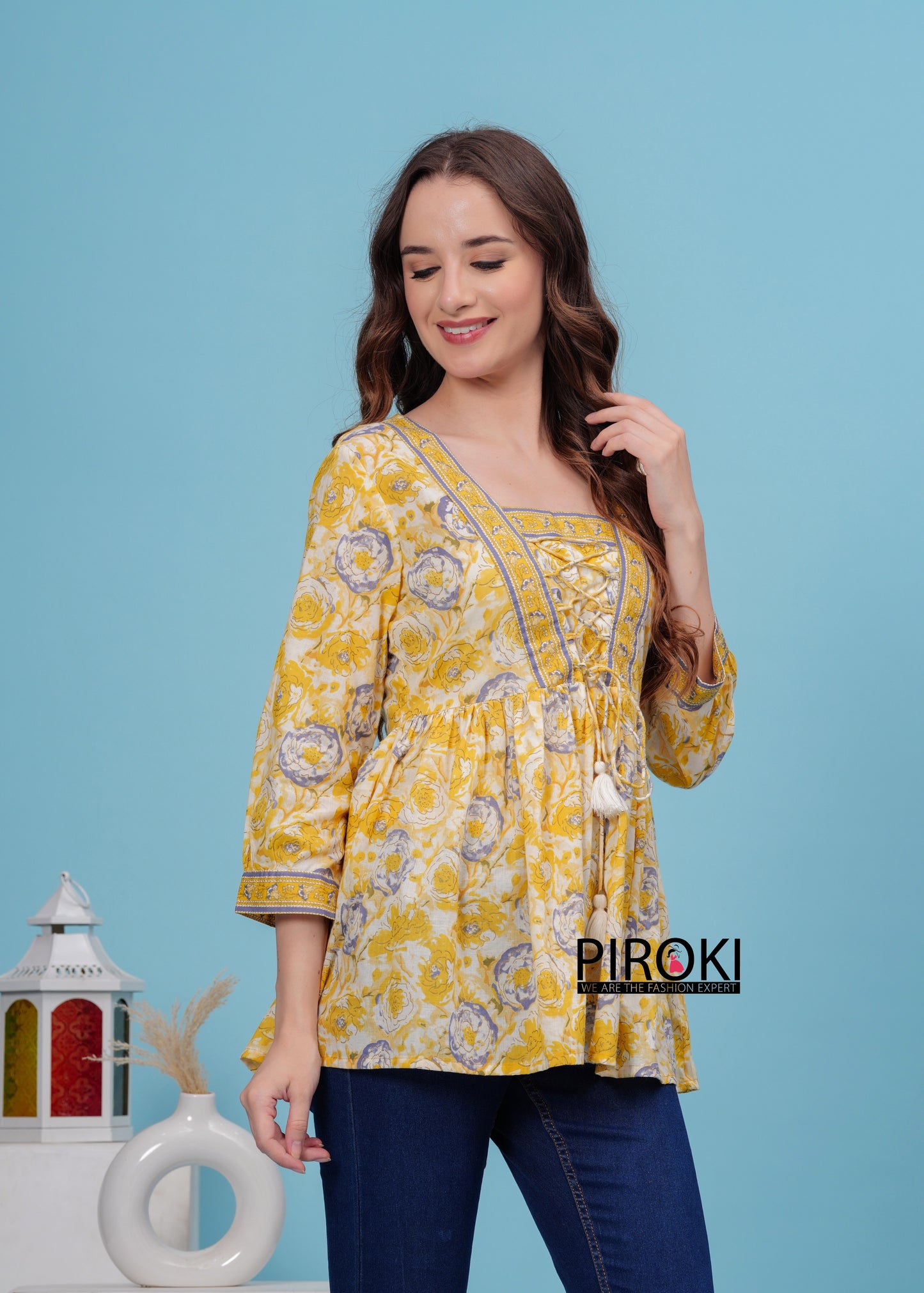 YELLOW Floral Print With Front Less Work Hip Length Office Wear PURE COTTON TOP