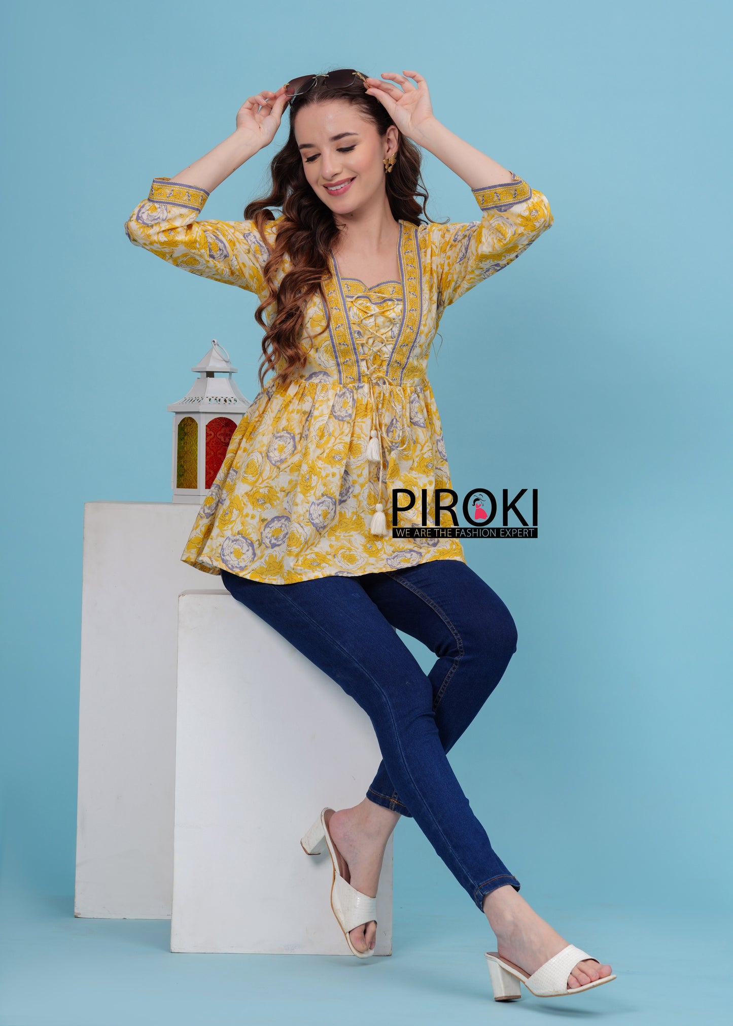 YELLOW Floral Print With Front Less Work Hip Length Office Wear PURE COTTON TOP