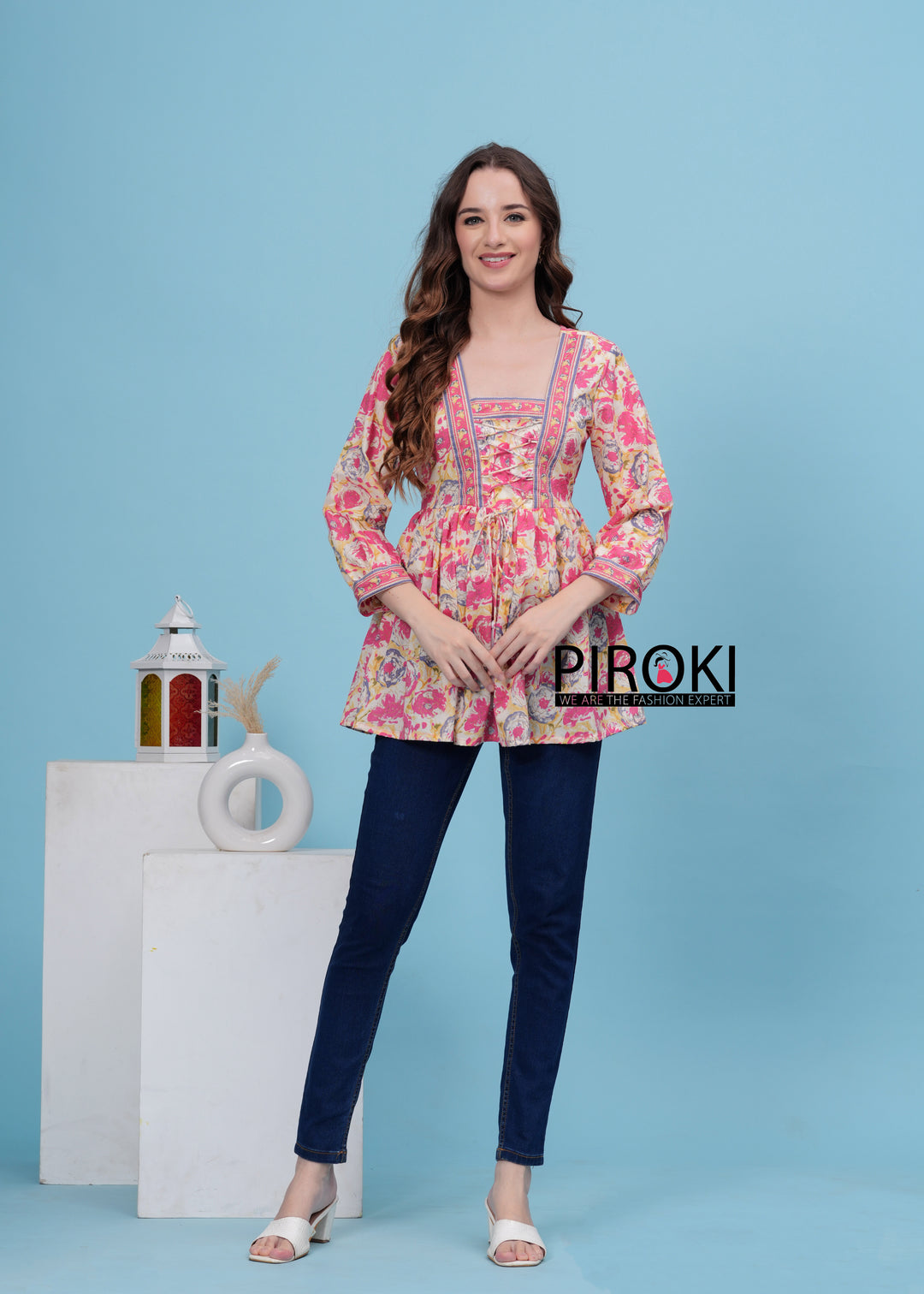 PINK Floral Print With Front Less Work Hip Length Office Wear PURE COTTON TOP