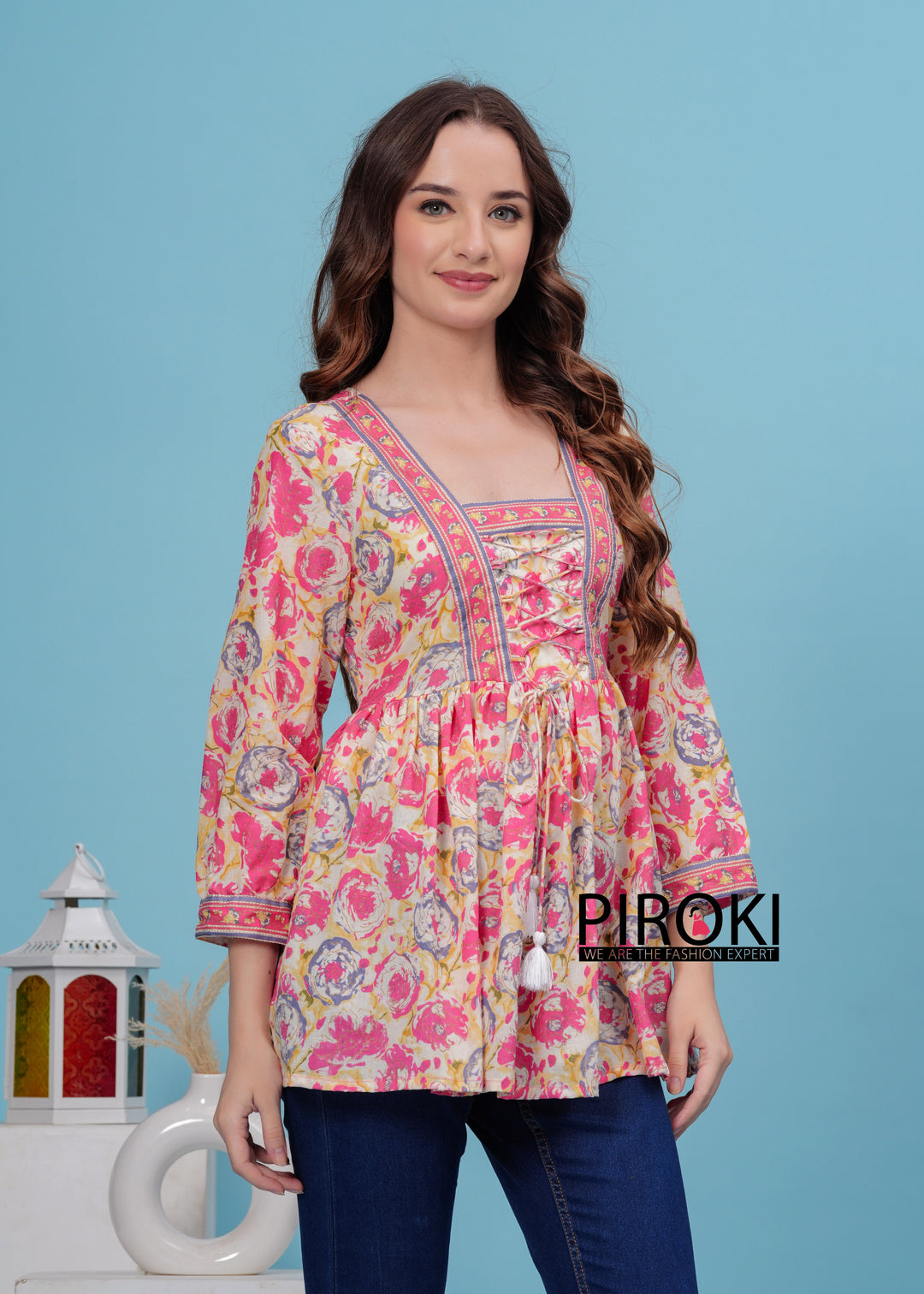 PINK Floral Print With Front Less Work Hip Length Office Wear PURE COTTON TOP