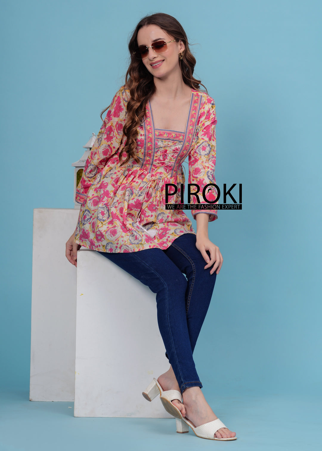 PINK Floral Print With Front Less Work Hip Length Office Wear PURE COTTON TOP