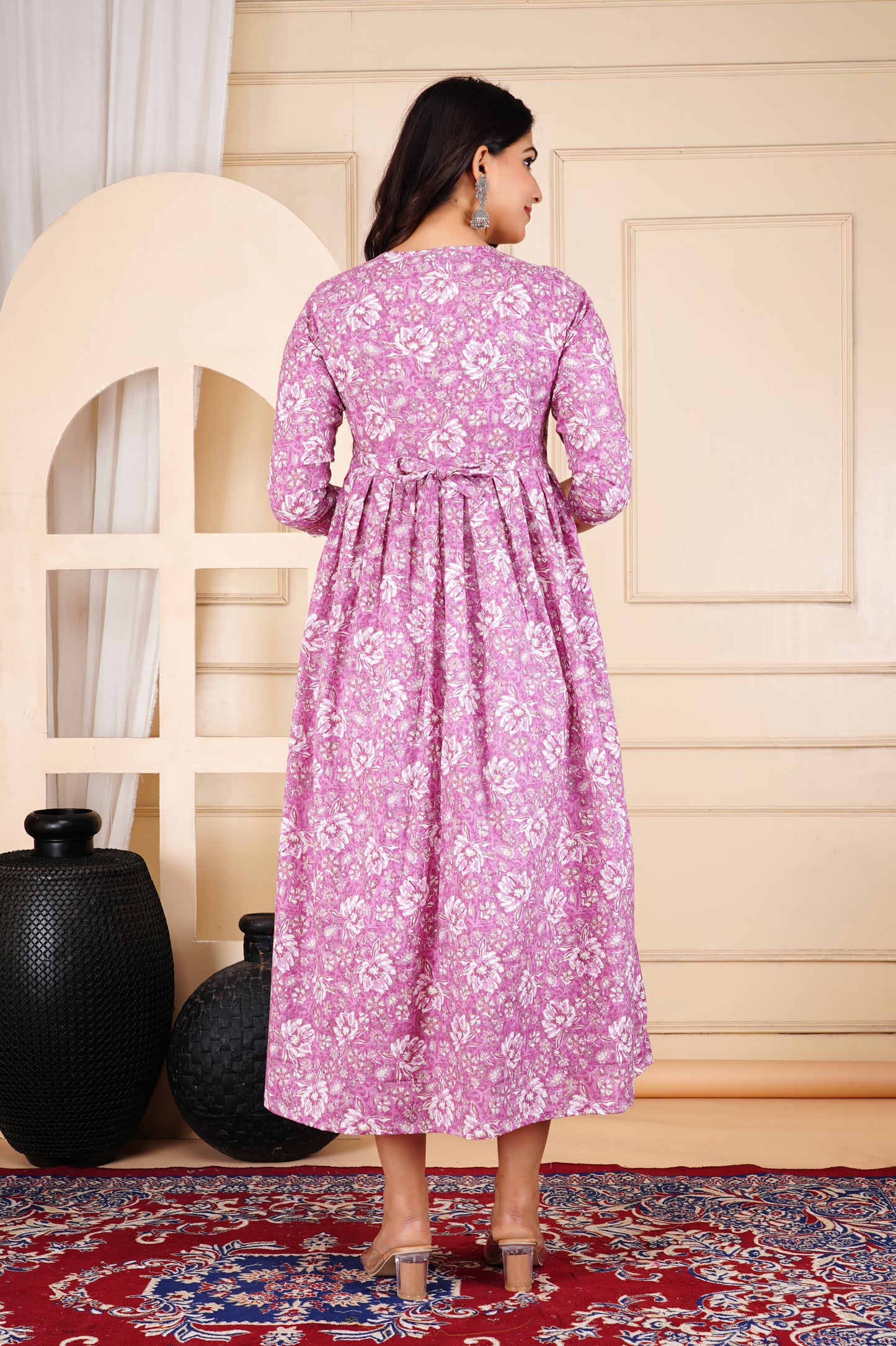 Pink Gold Cotton Floral Maternity Gown