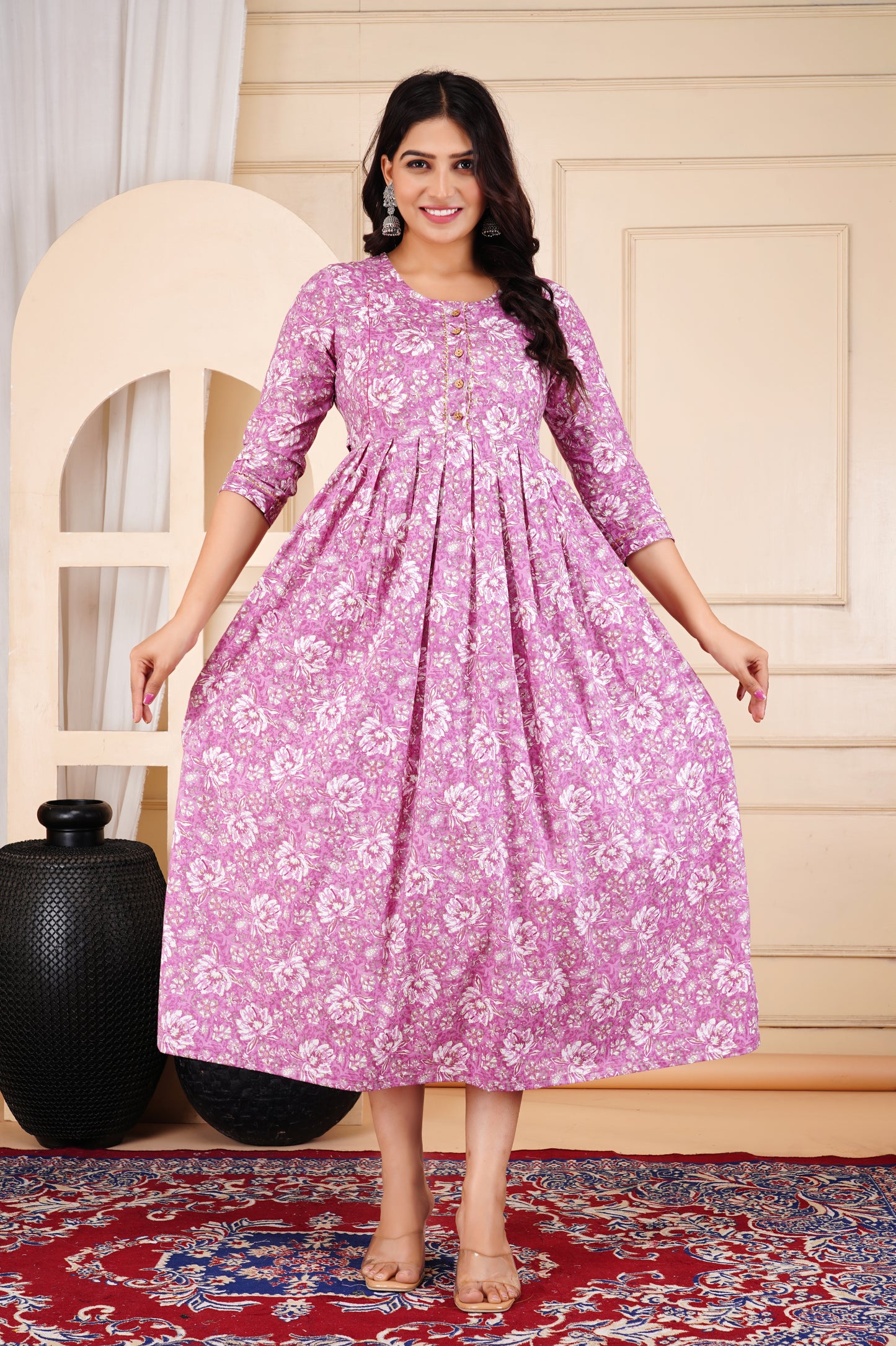 Pink Gold Cotton Floral Maternity Gown