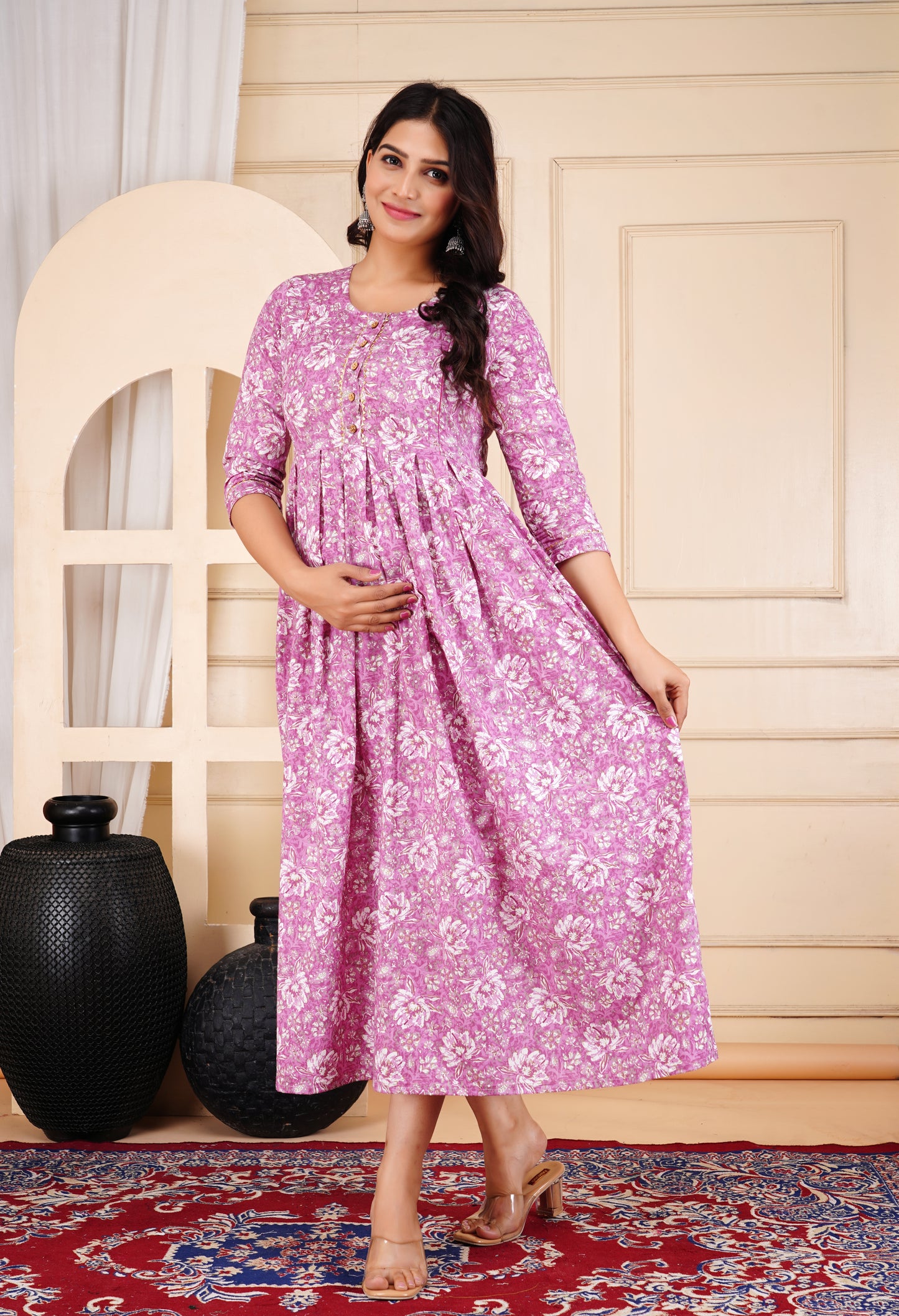 Pink Gold Cotton Floral Maternity Gown