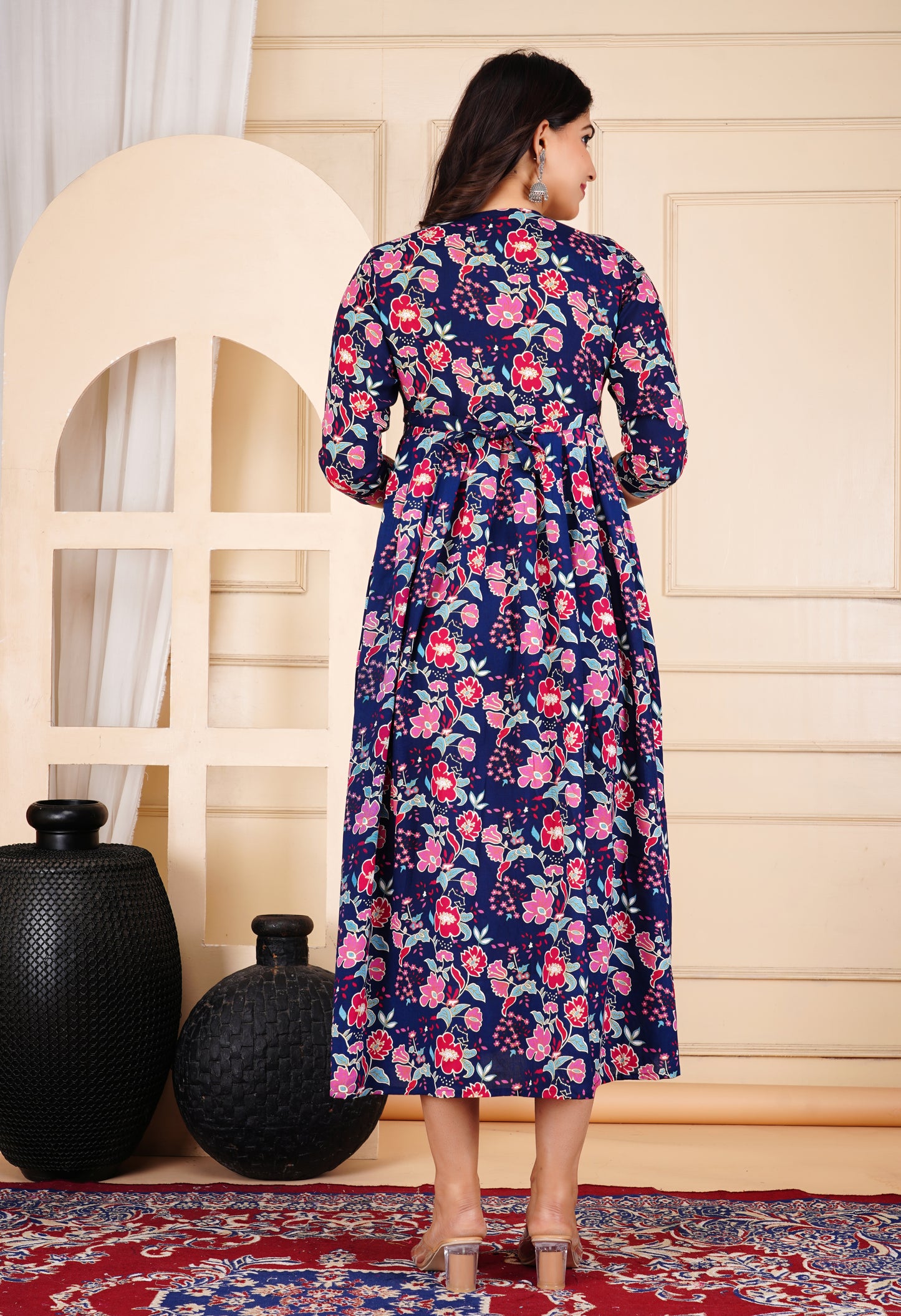 Dark Blue Floral Print Pregnancy Gown