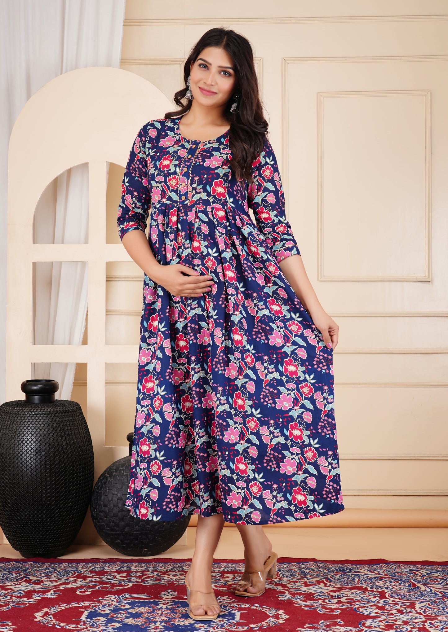 Dark Blue Floral Print Pregnancy Gown