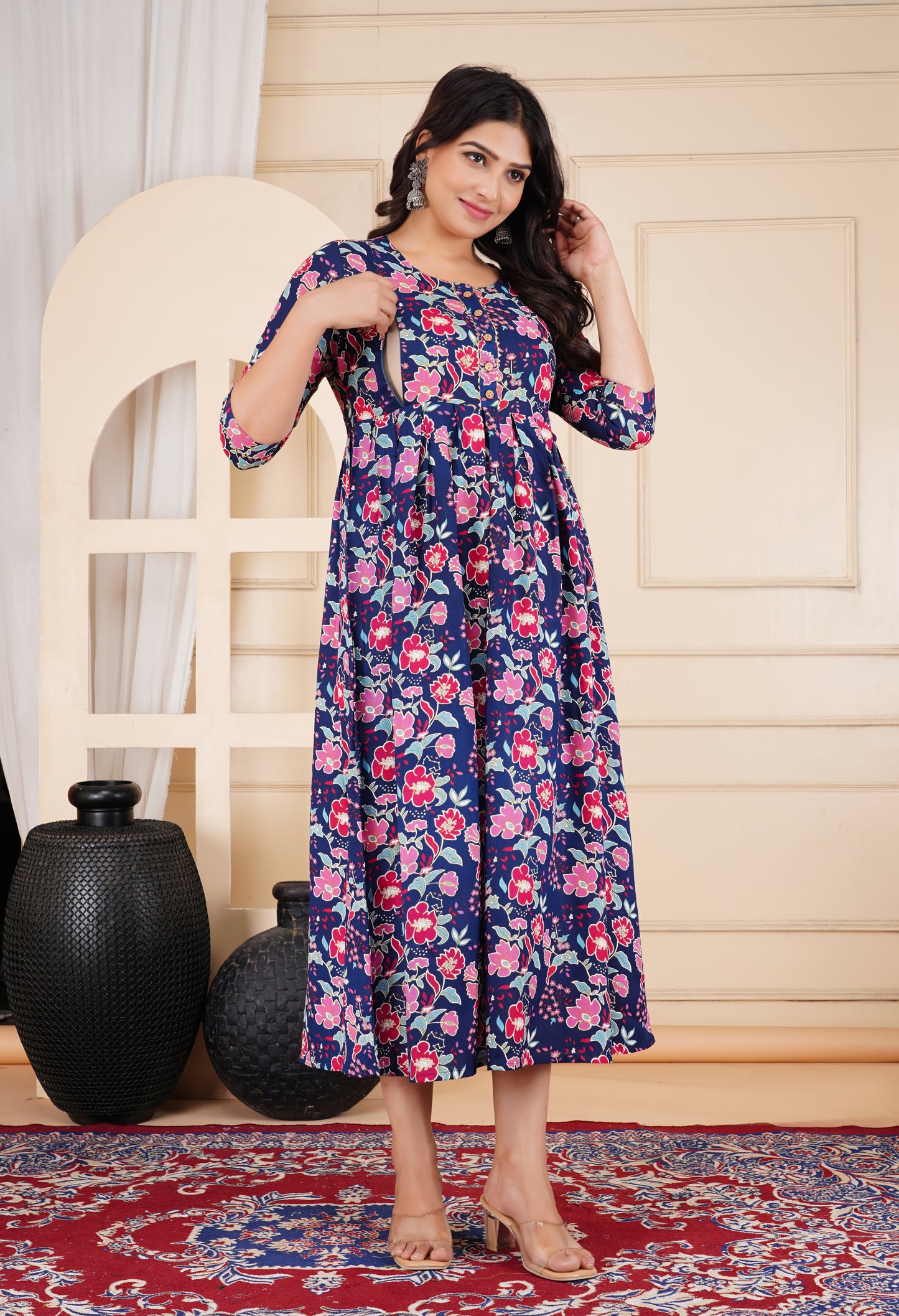 Dark Blue Floral Print Pregnancy Gown