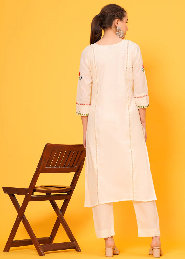 Off White Hand Embroidered Cotton Kurta and Pant Set