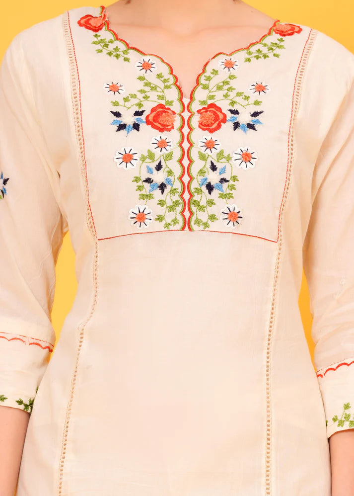 Off White Hand Embroidered Cotton Kurta and Pant Set