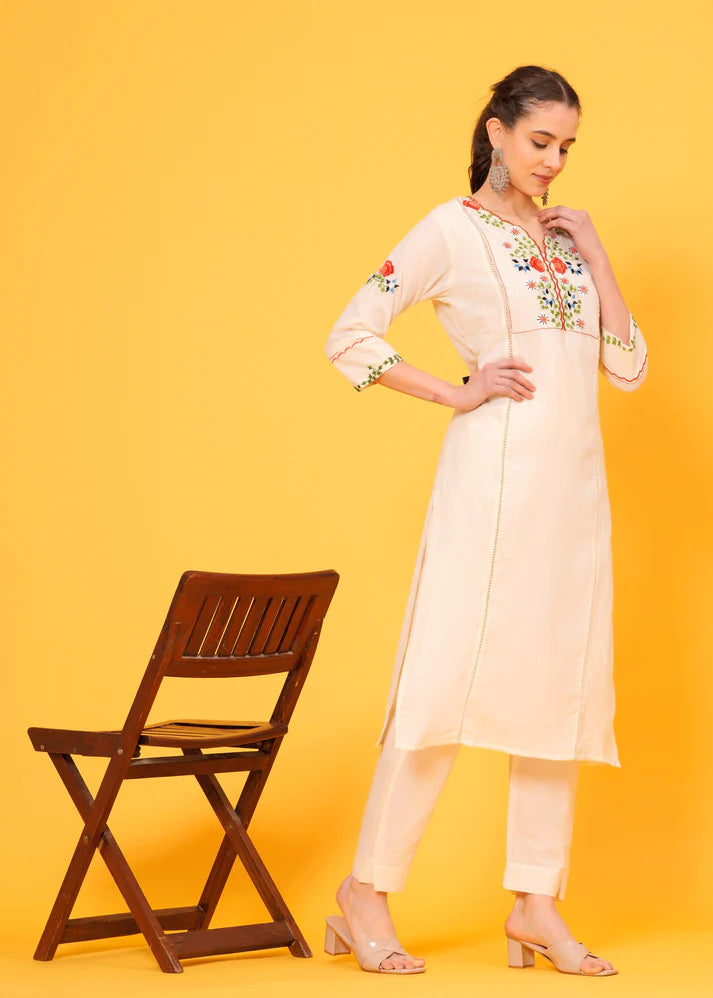 Off White Hand Embroidered Cotton Kurta and Pant Set