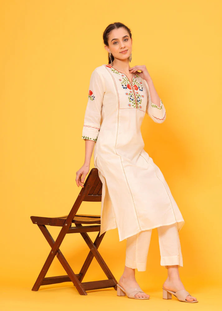 Off White Hand Embroidered Cotton Kurta and Pant Set