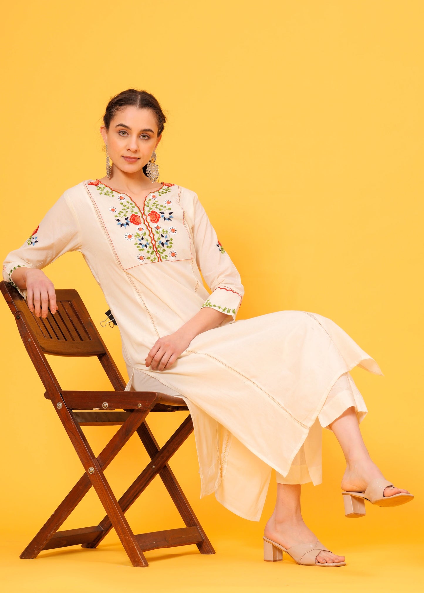 Off White Hand Embroidered Cotton Kurta and Pant Set