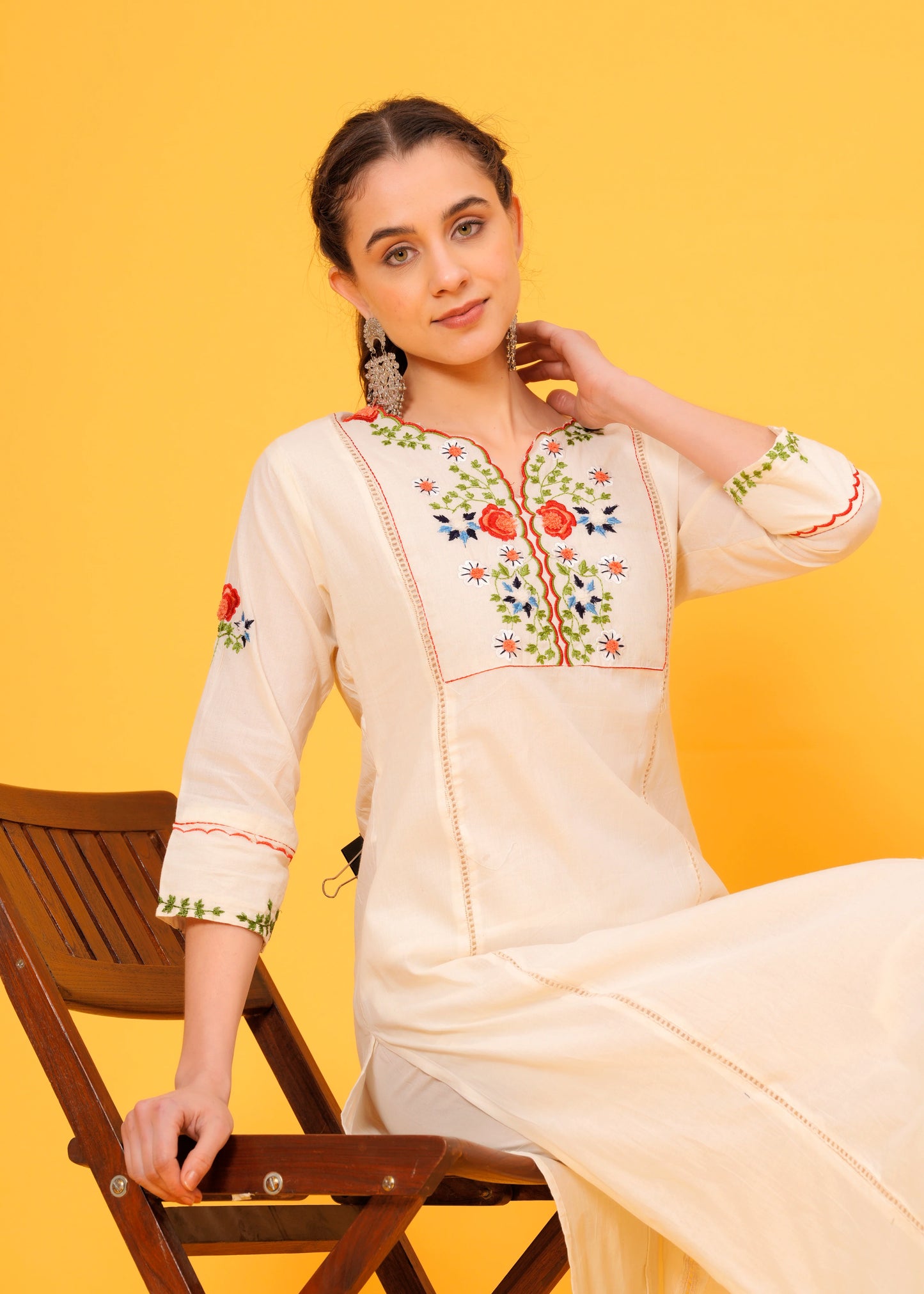 Off White Hand Embroidered Cotton Kurta and Pant Set