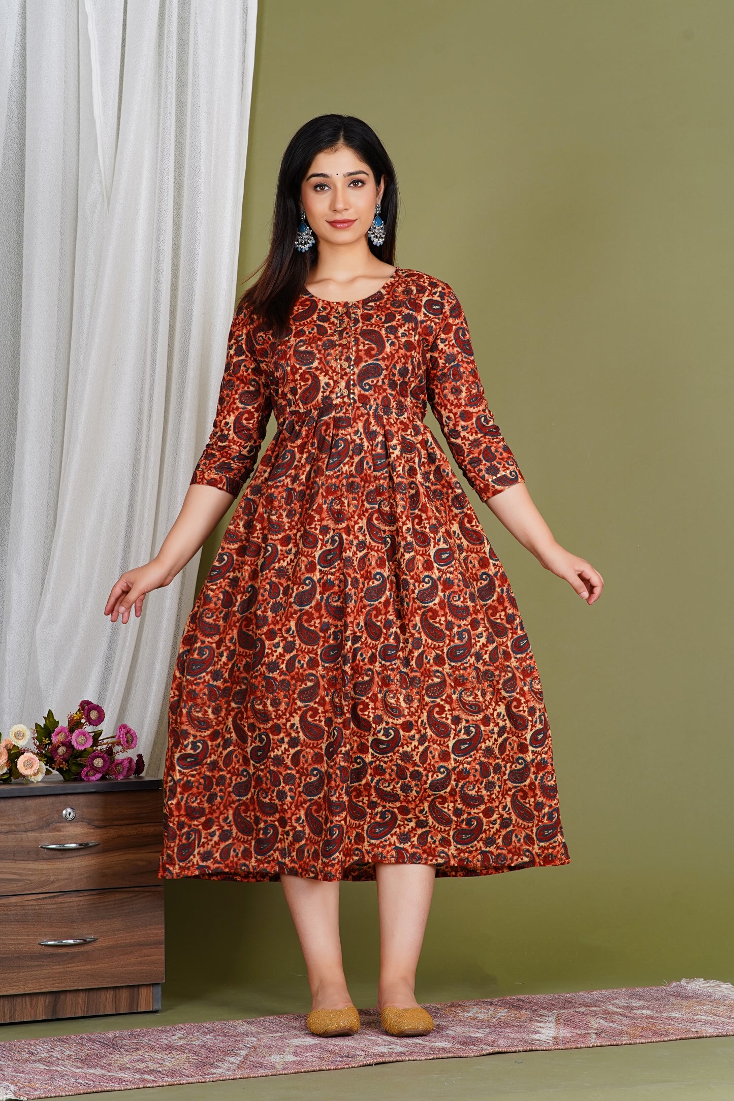 Dark Brown Floral Print Maternity Gown