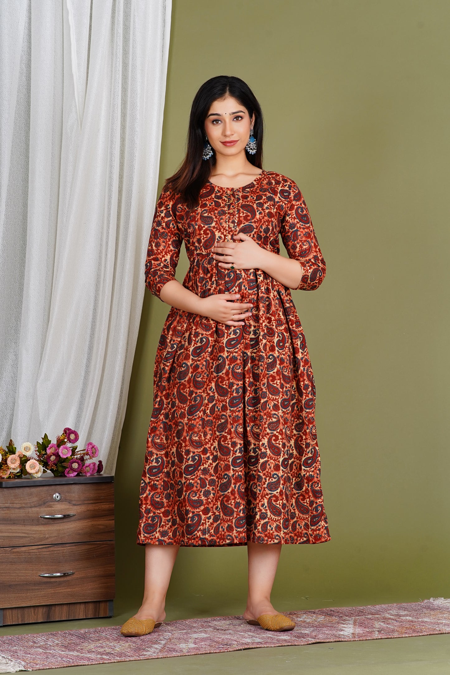 Dark Brown Floral Print Maternity Gown