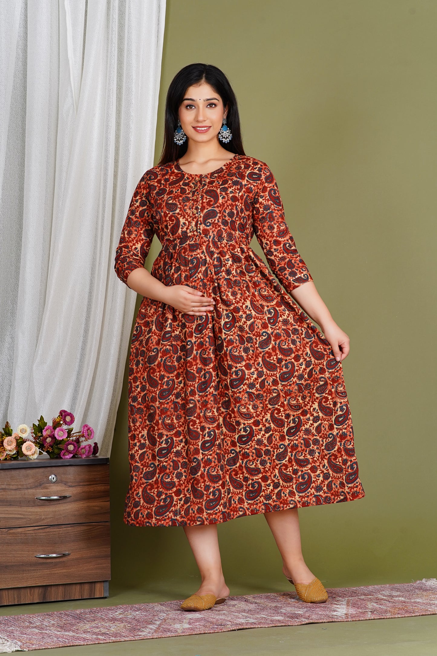 Dark Brown Floral Print Maternity Gown