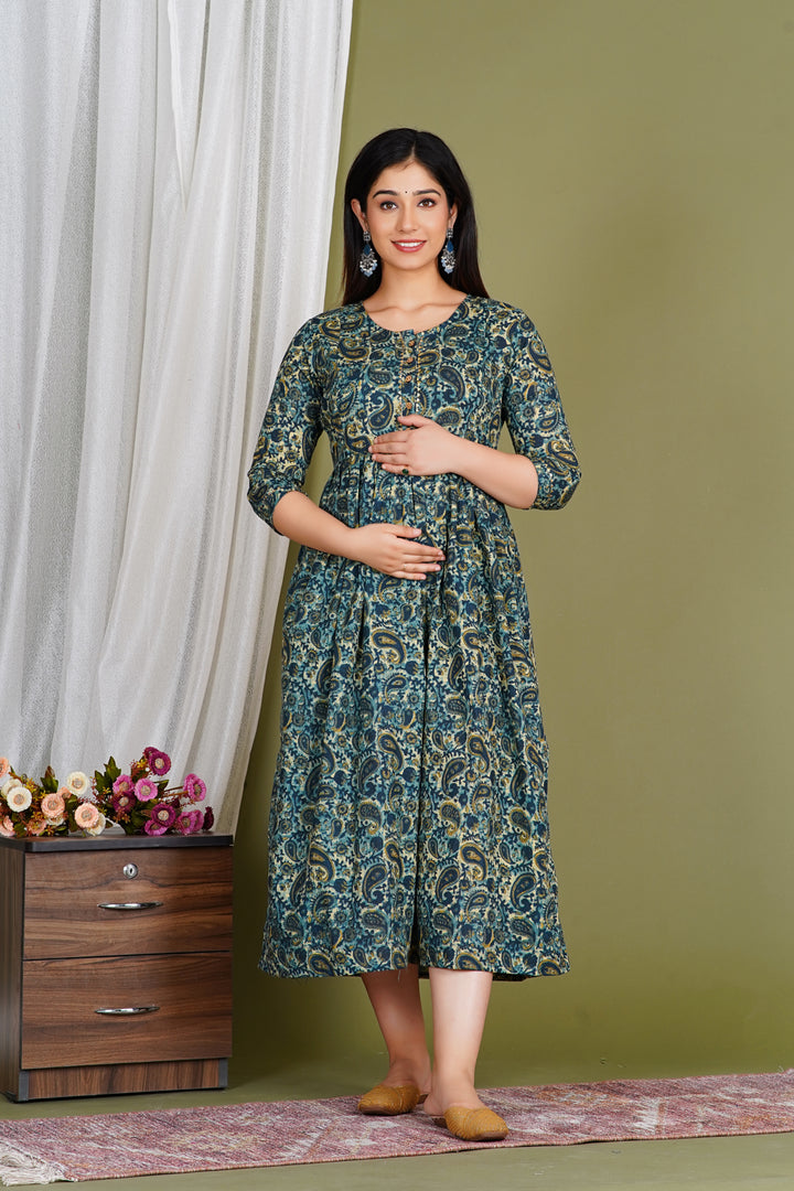 Off-White Gold Floral Cotton Maternity Dress