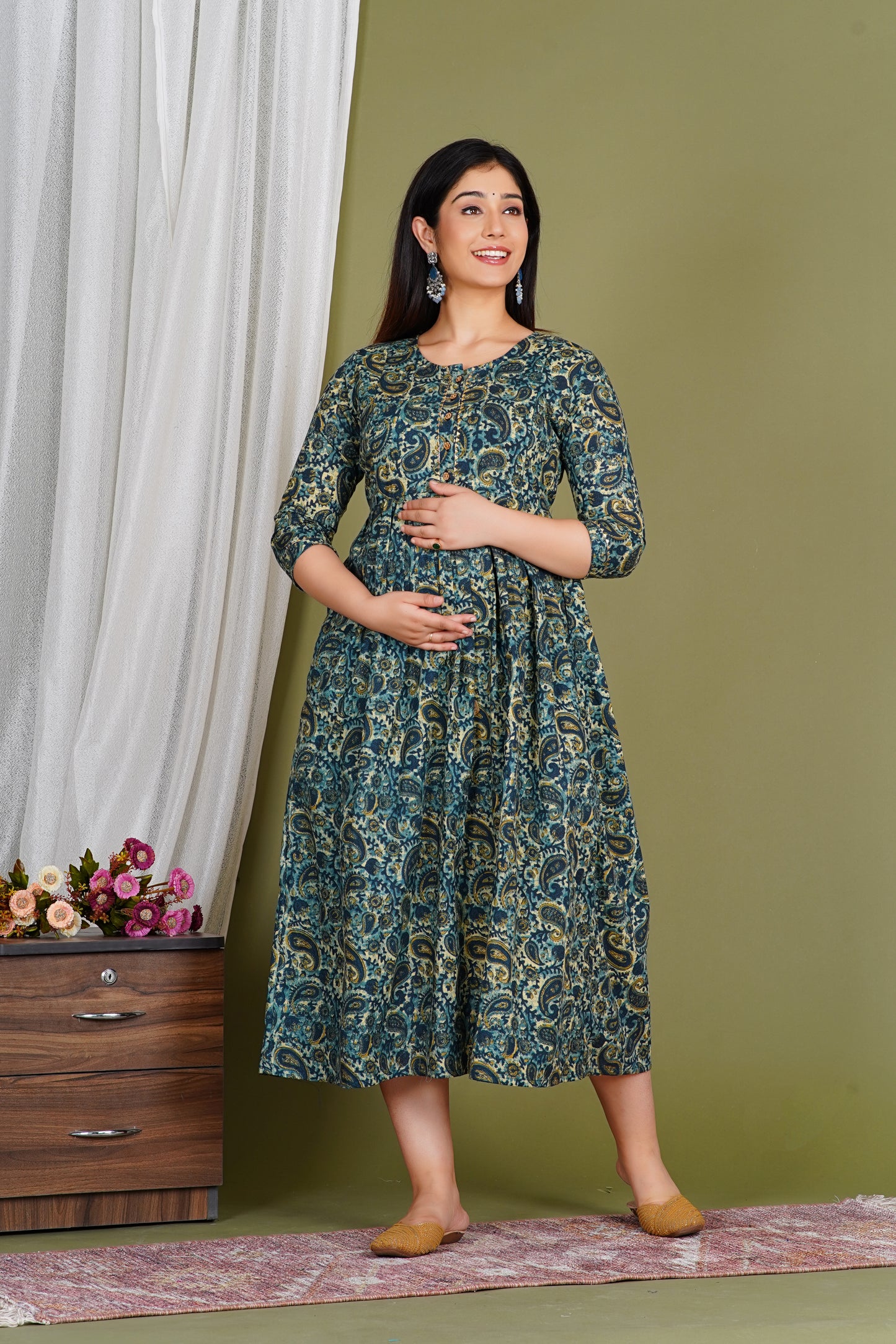 Off-White Gold Floral Cotton Maternity Dress