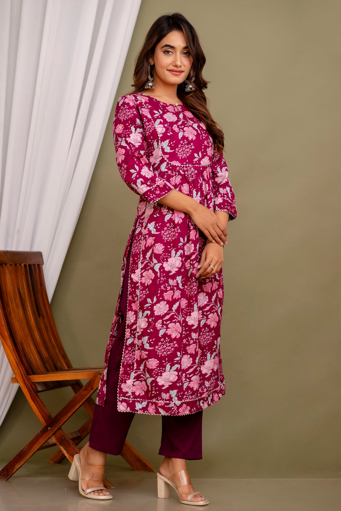 Women's BASE MAROON WITH LESS WORK Floral Printed Rayon Kurta And Pant Set