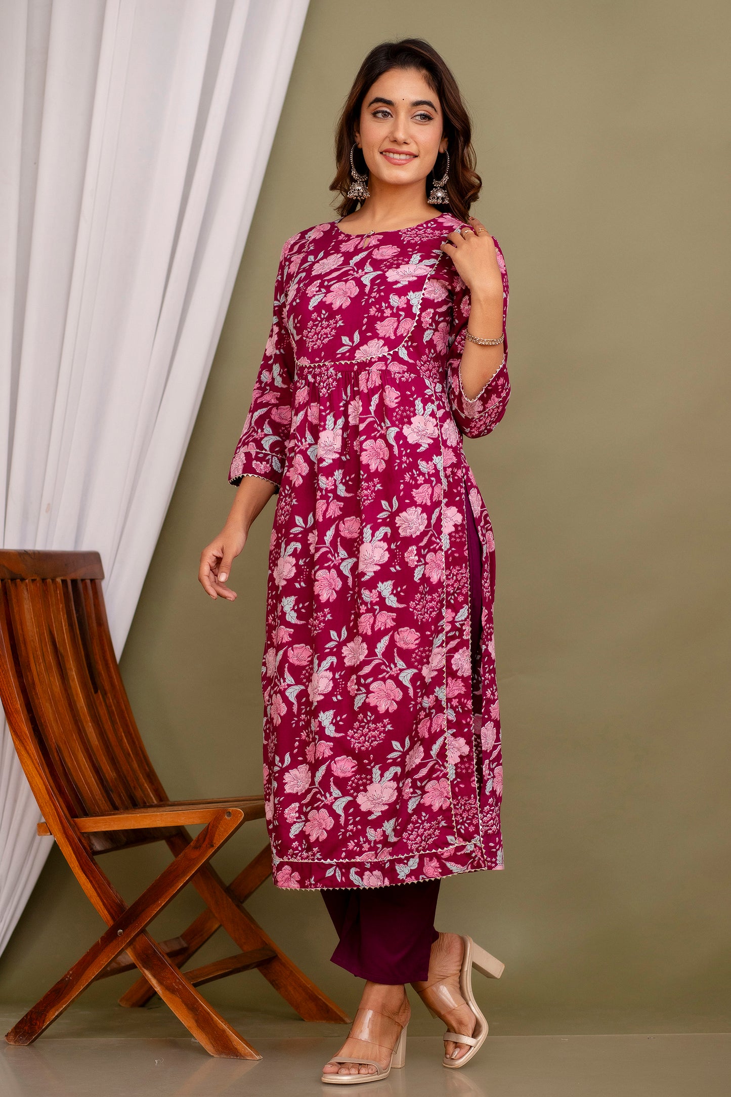 Women's BASE MAROON WITH LESS WORK Floral Printed Rayon Kurta And Pant Set