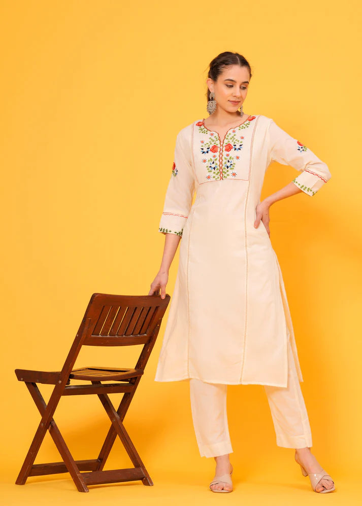 Off White Hand Embroidered Cotton Kurta and Pant Set