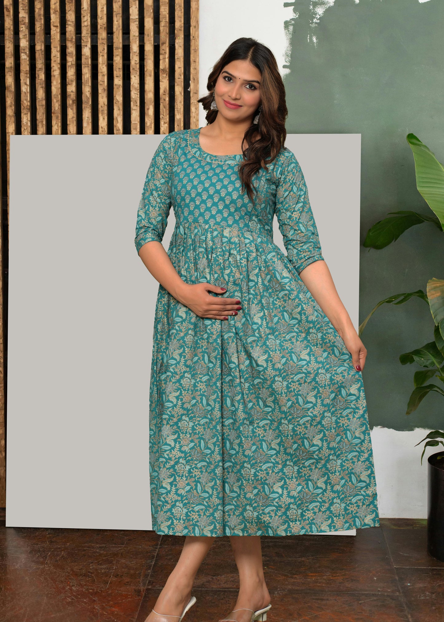 Rama Green Cotton Floral Pregnancy Gown