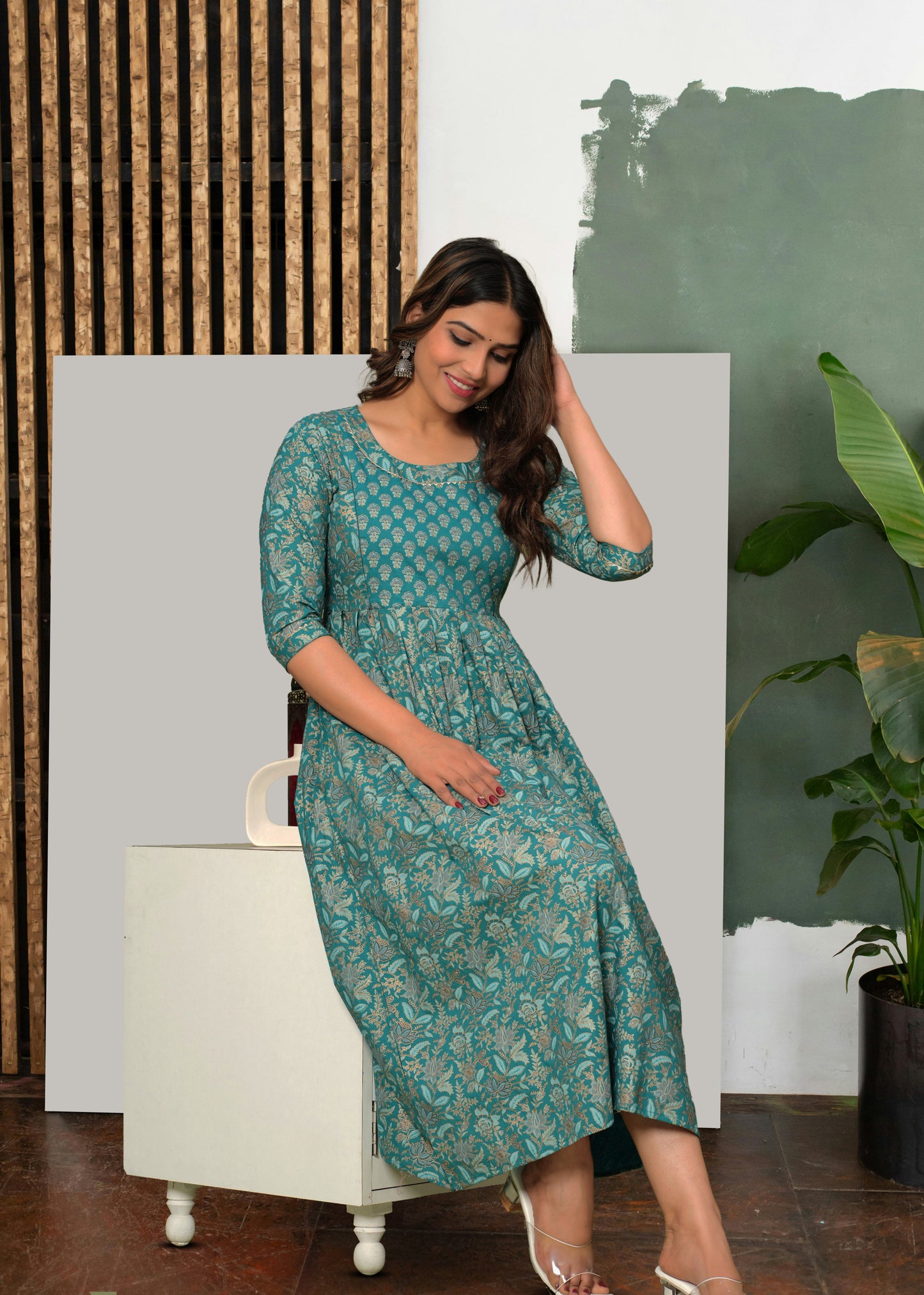 Rama Green Cotton Floral Pregnancy Gown