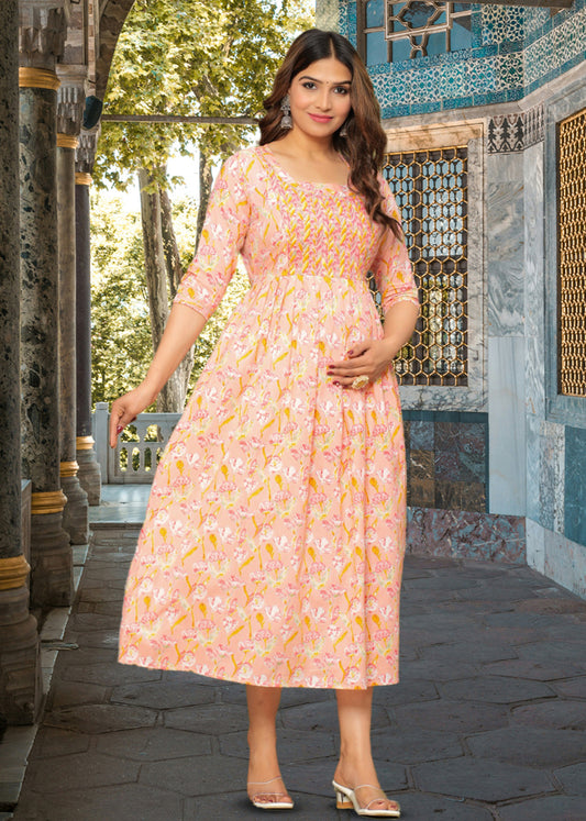 Light Pink Yellow Floral Cotton Pregnancy Gown