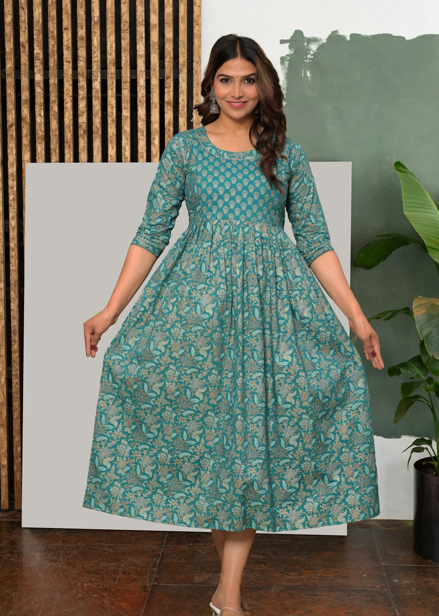 Rama Green Cotton Floral Pregnancy Gown