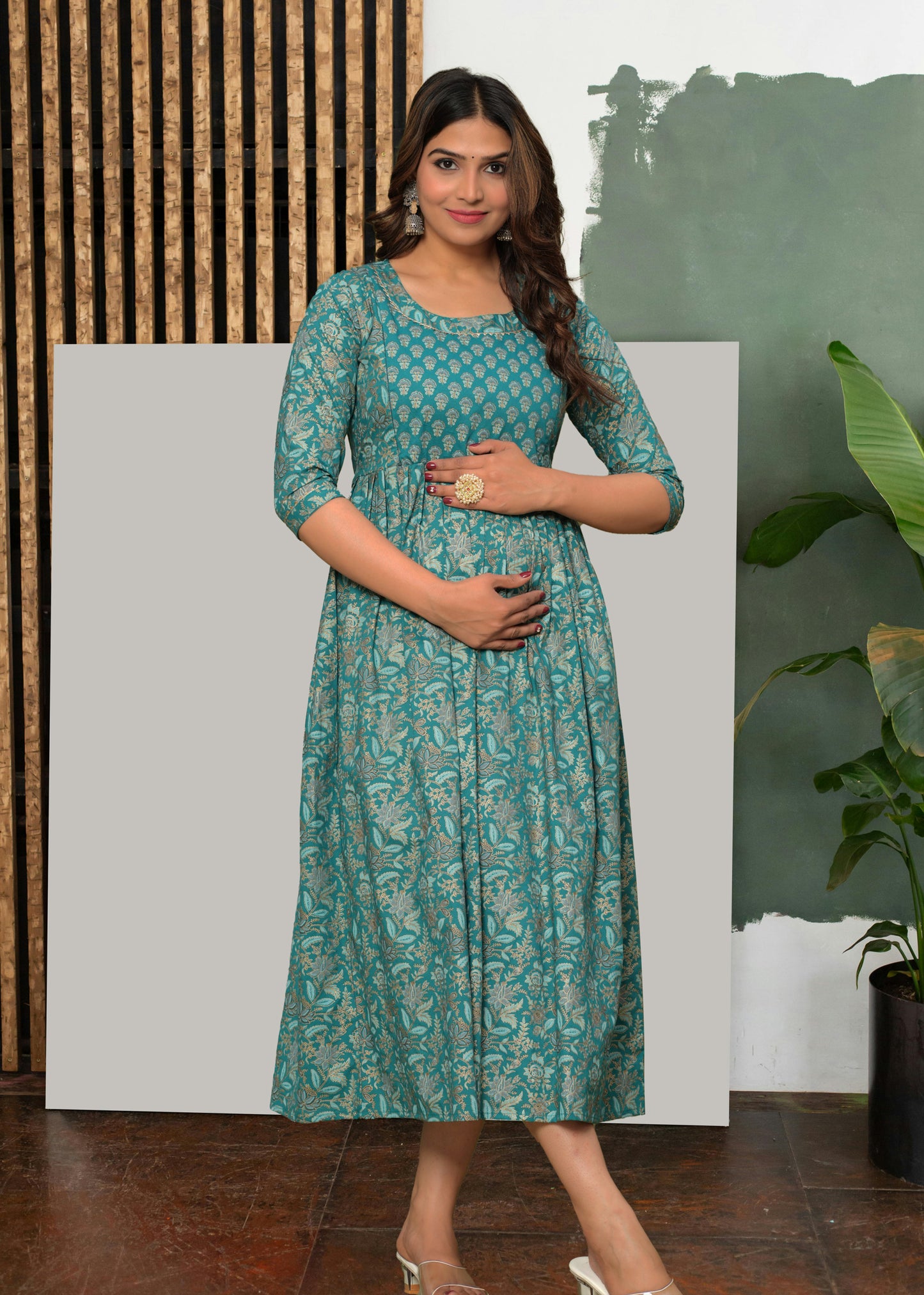 Rama Green Cotton Floral Pregnancy Gown