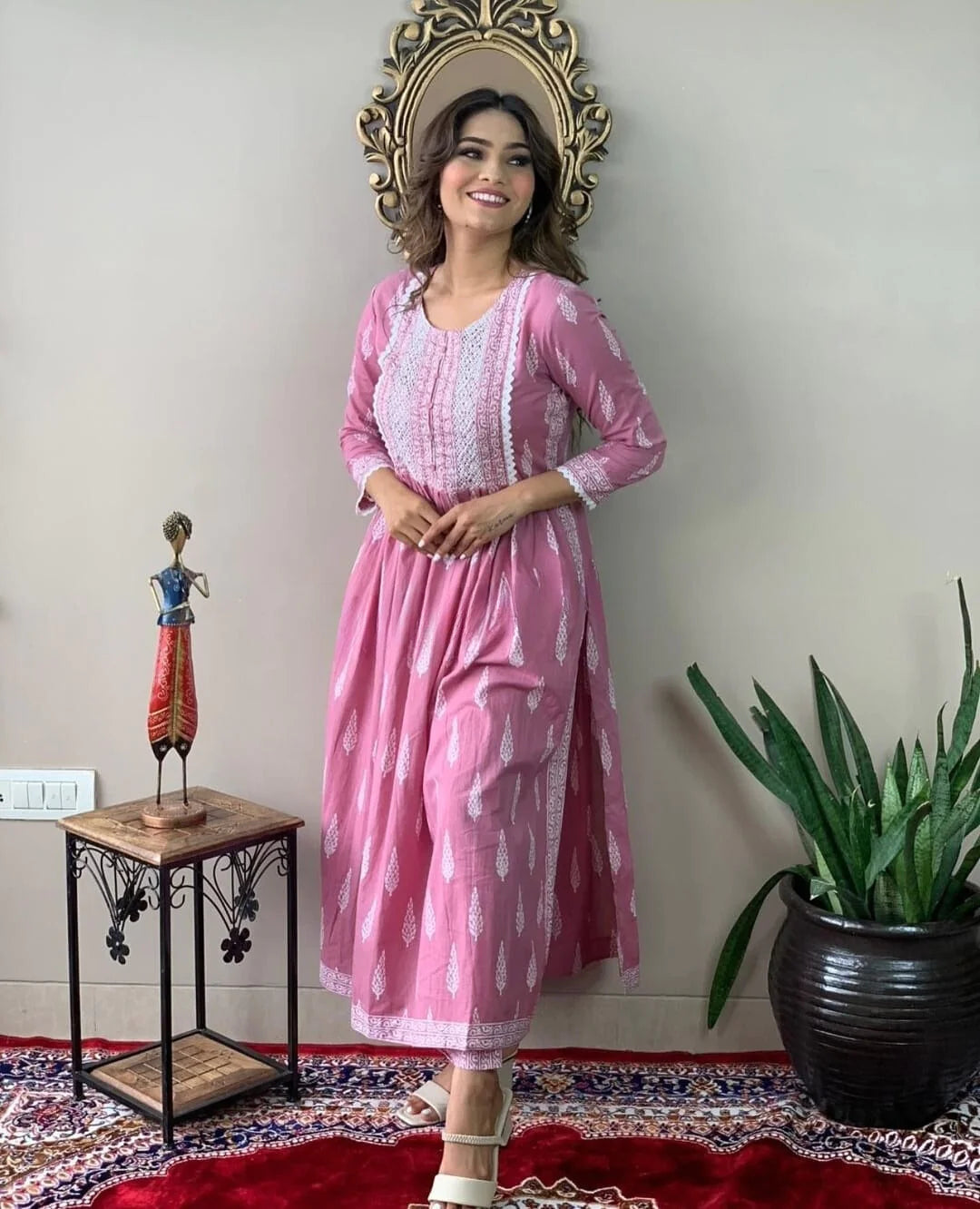 Women's Beautiful Motifs Printed Nayra Cut Kurta And Pant Set