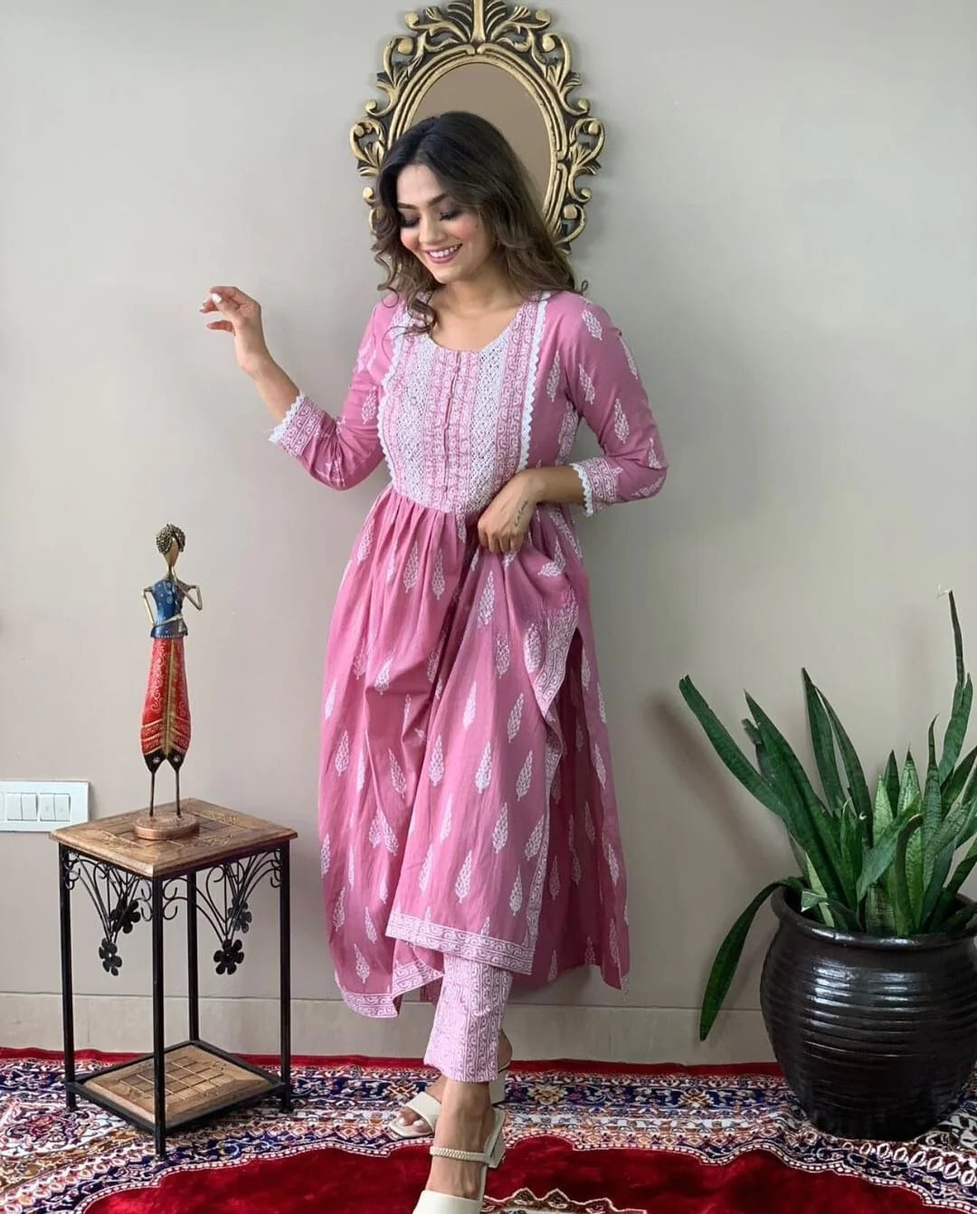 Women's Beautiful Motifs Printed Nayra Cut Kurta And Pant Set