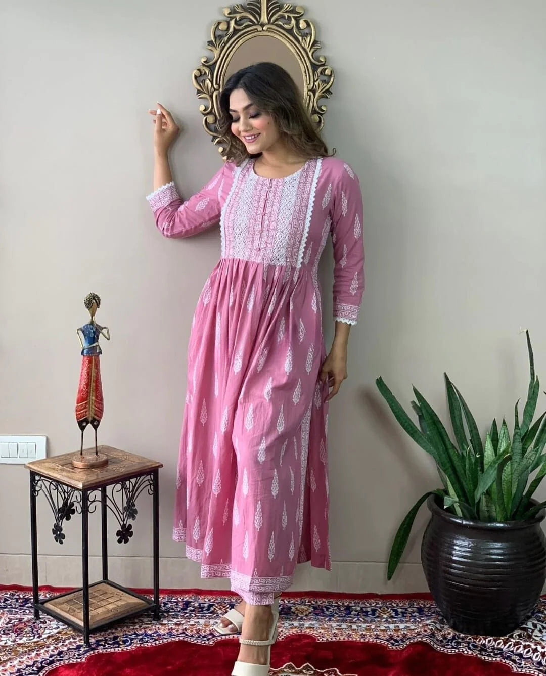 Women's Beautiful Motifs Printed Nayra Cut Kurta And Pant Set