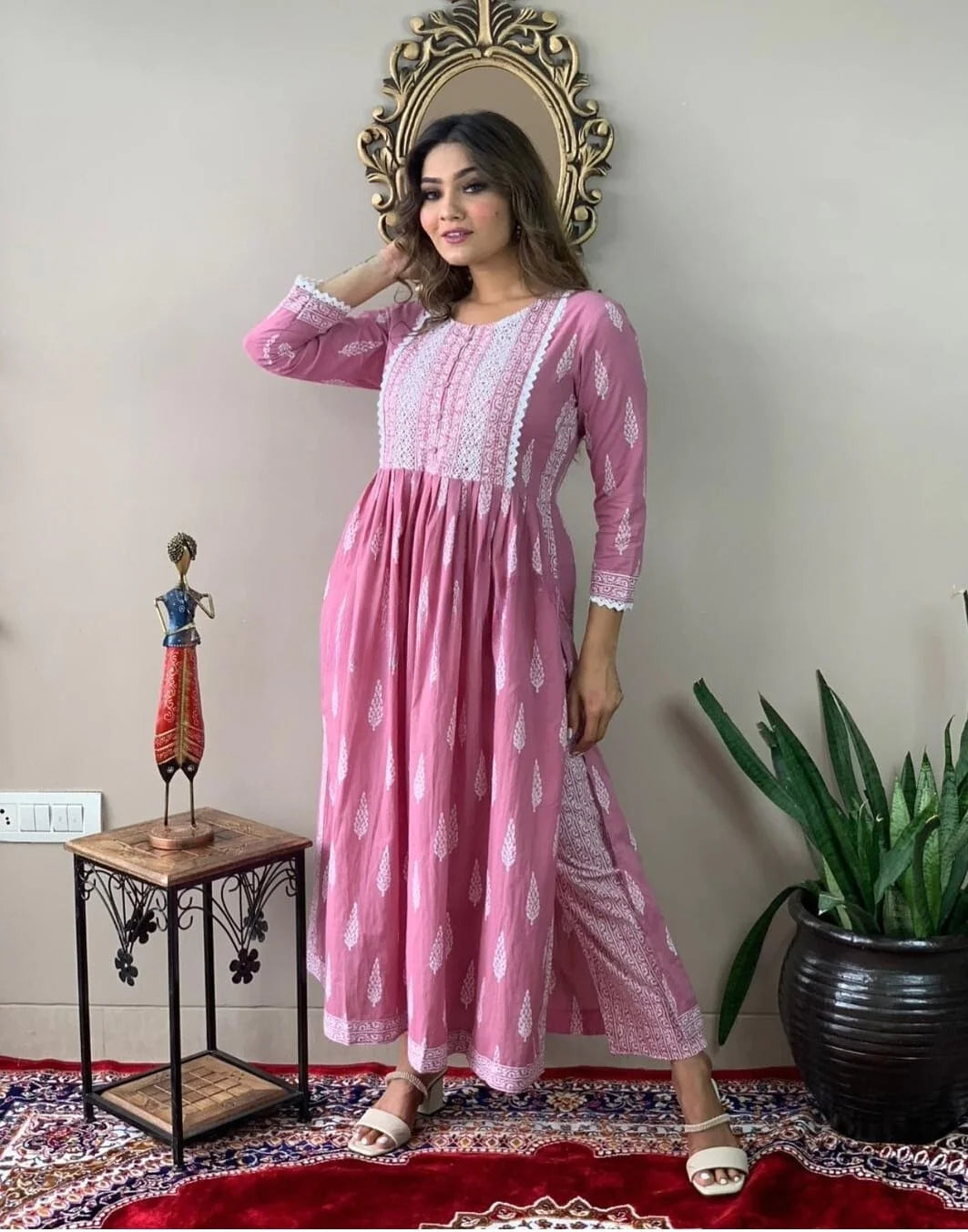 Women's Beautiful Motifs Printed Nayra Cut Kurta And Pant Set